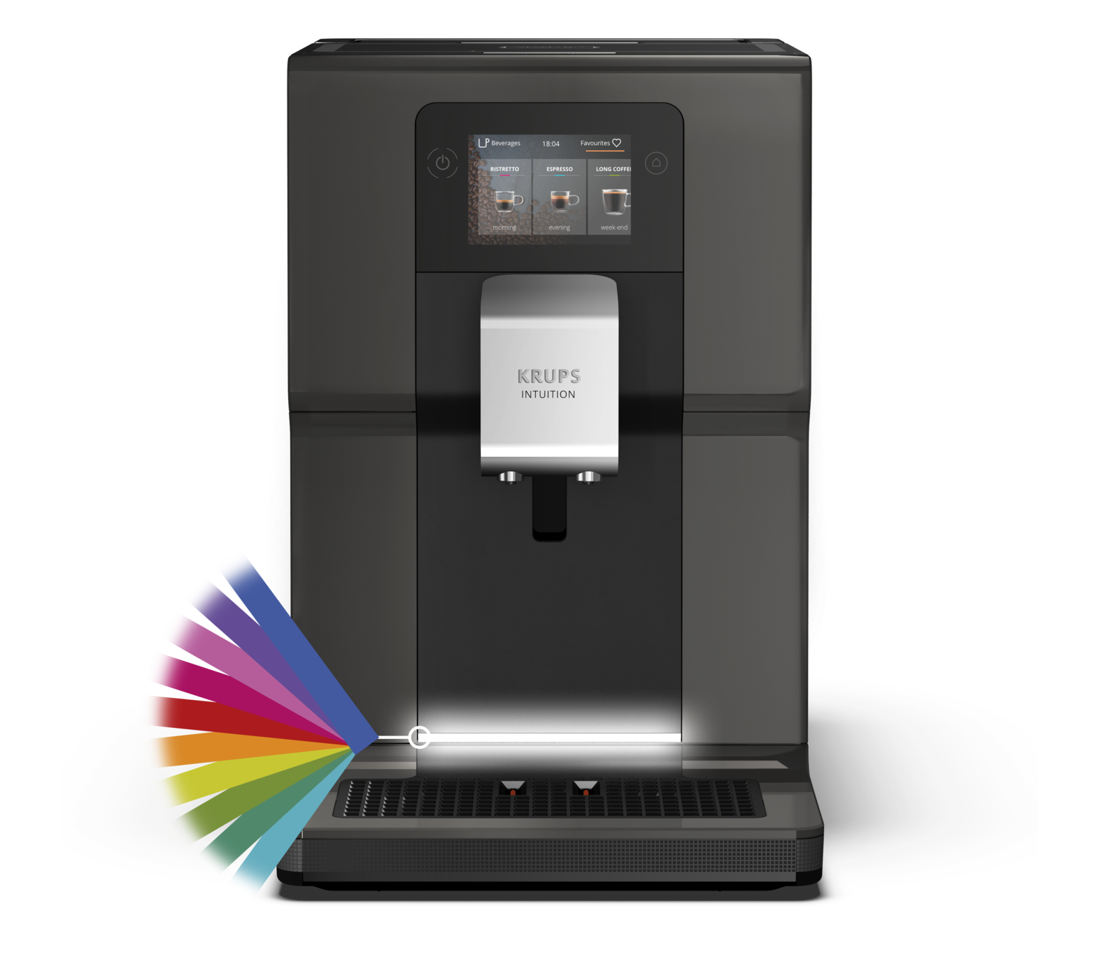 A black and silver Krups Intuition coffee machine with a touch screen, a rainbow of colors is shown from the spout.