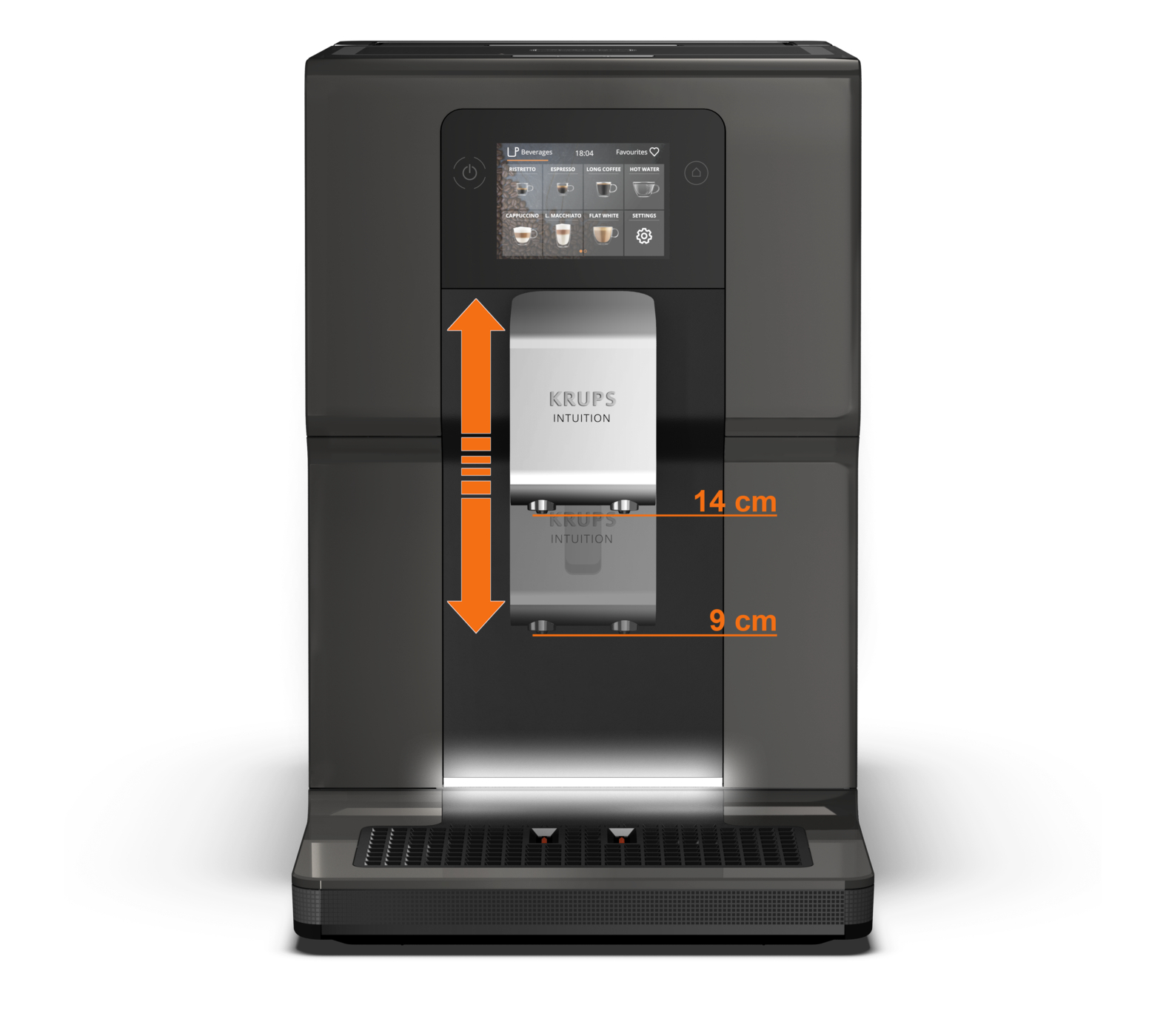 A Krups Intuition coffee machine is shown. It has a screen showing various coffee options. Measurements of 14 and 9 cm are visible.