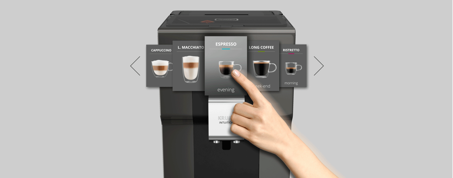 A hand is touching the espresso option on a coffee machine's display. Other options like cappuccino and long coffee are visible.