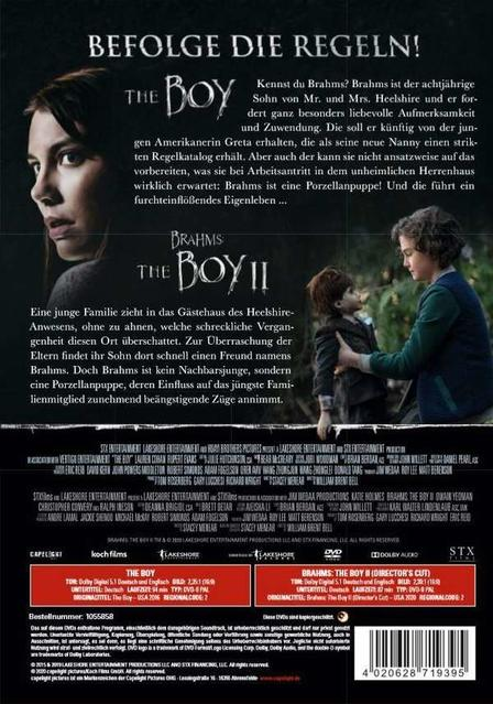 Die Rückseite einer DVD-Hülle für den Film "The Boy". Enthält Schauspieler und Text.