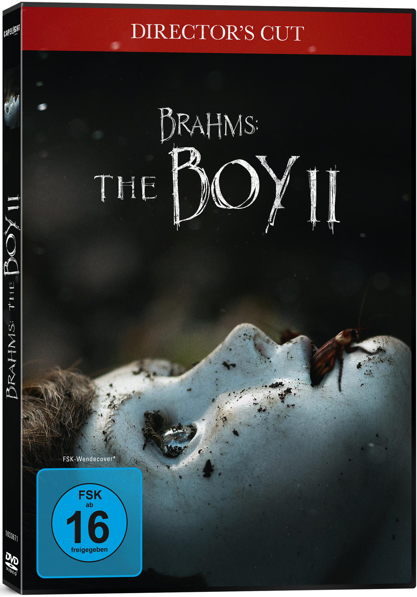 Ein DVD-Case zeigt einen Puppenkopf mit einer Kakerlake und dem Titel 'Brahms: The Boy II'.