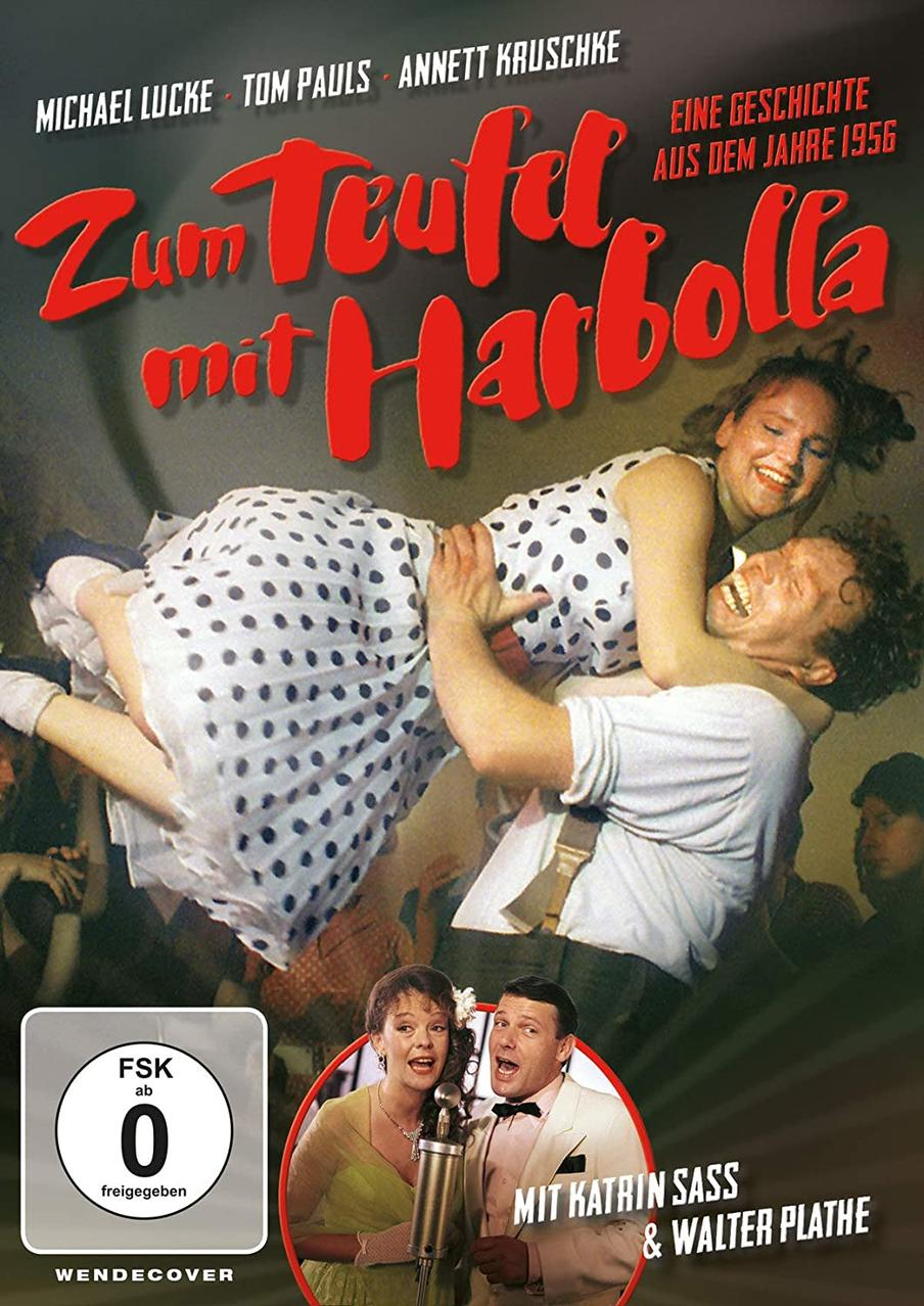 Filmposter mit zwei sich umarmenden Personen. Text auf Deutsch: "Zum Teufel mit Harbolla".
