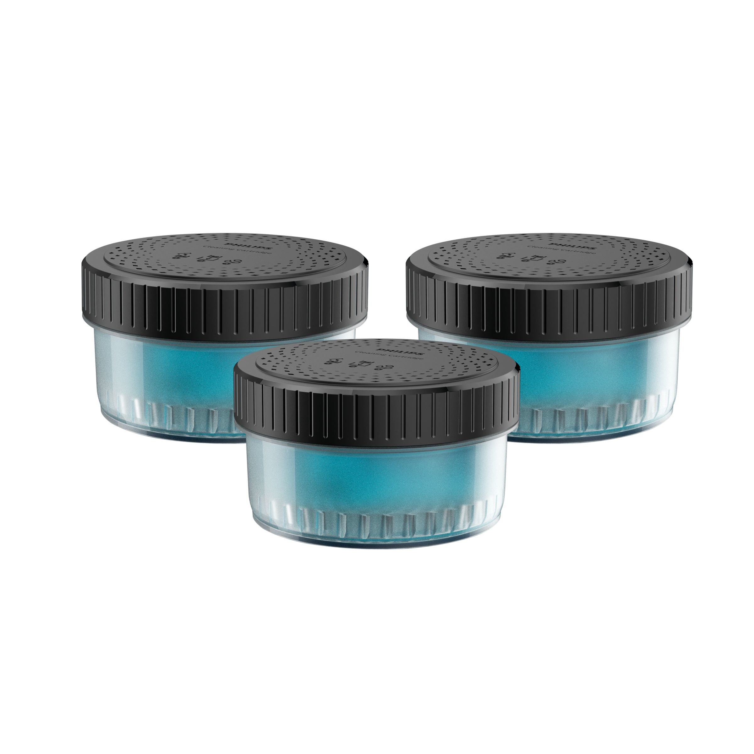 Drei blaue und schwarze Philips Luftfilter auf weißem Hintergrund.