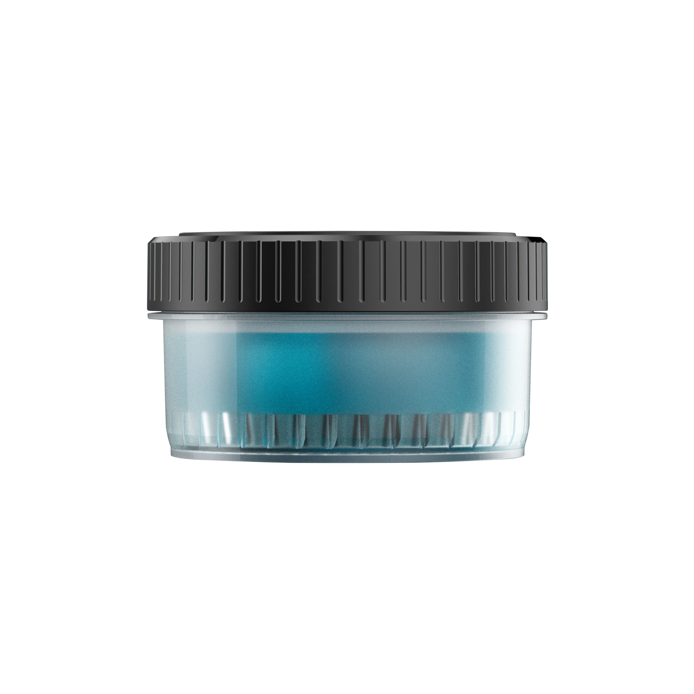 Kleines blau-schwarzes Glas mit schwarzem Deckel.