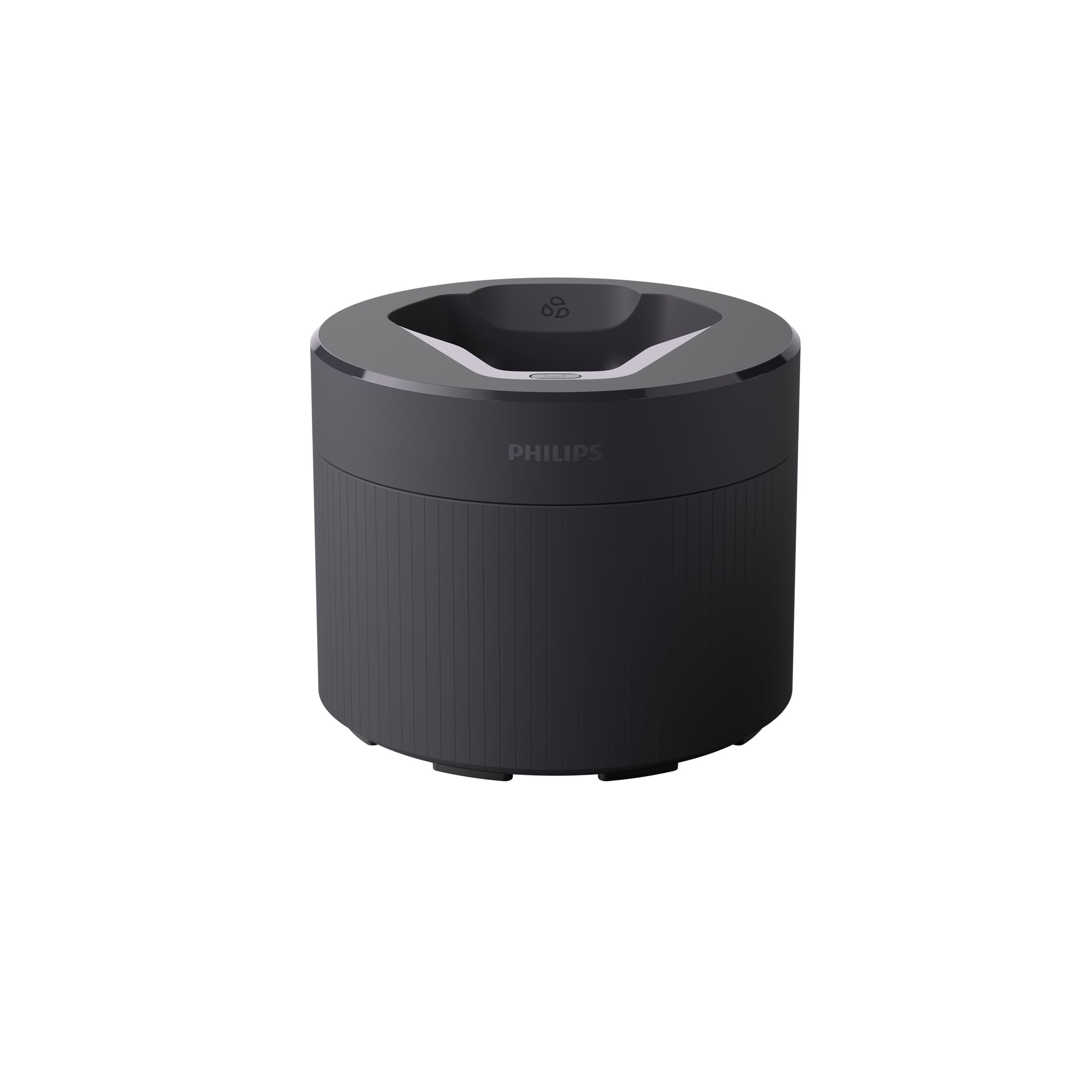 Dunkelgraues Philips Rasierer-Reinigungsgerät mit zylindrischer Form und oberer Öffnung.