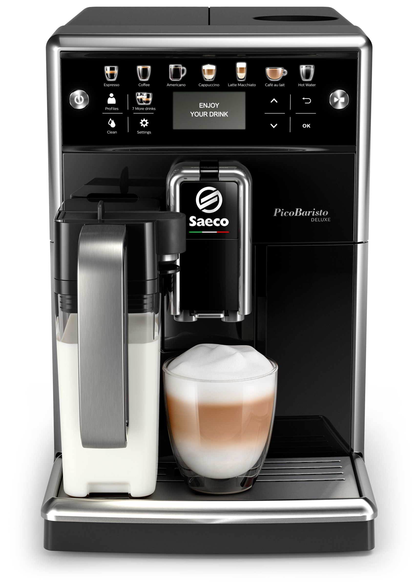 SAECO Kaffeevollautomat PicoBaristo Deluxe SM5570/10, klavierlack-schwarz Kaffeevollautomat (Klavierlack/Schwarz, Keramikmahlwerk, 15 bar, integrierter Milchbehälter)