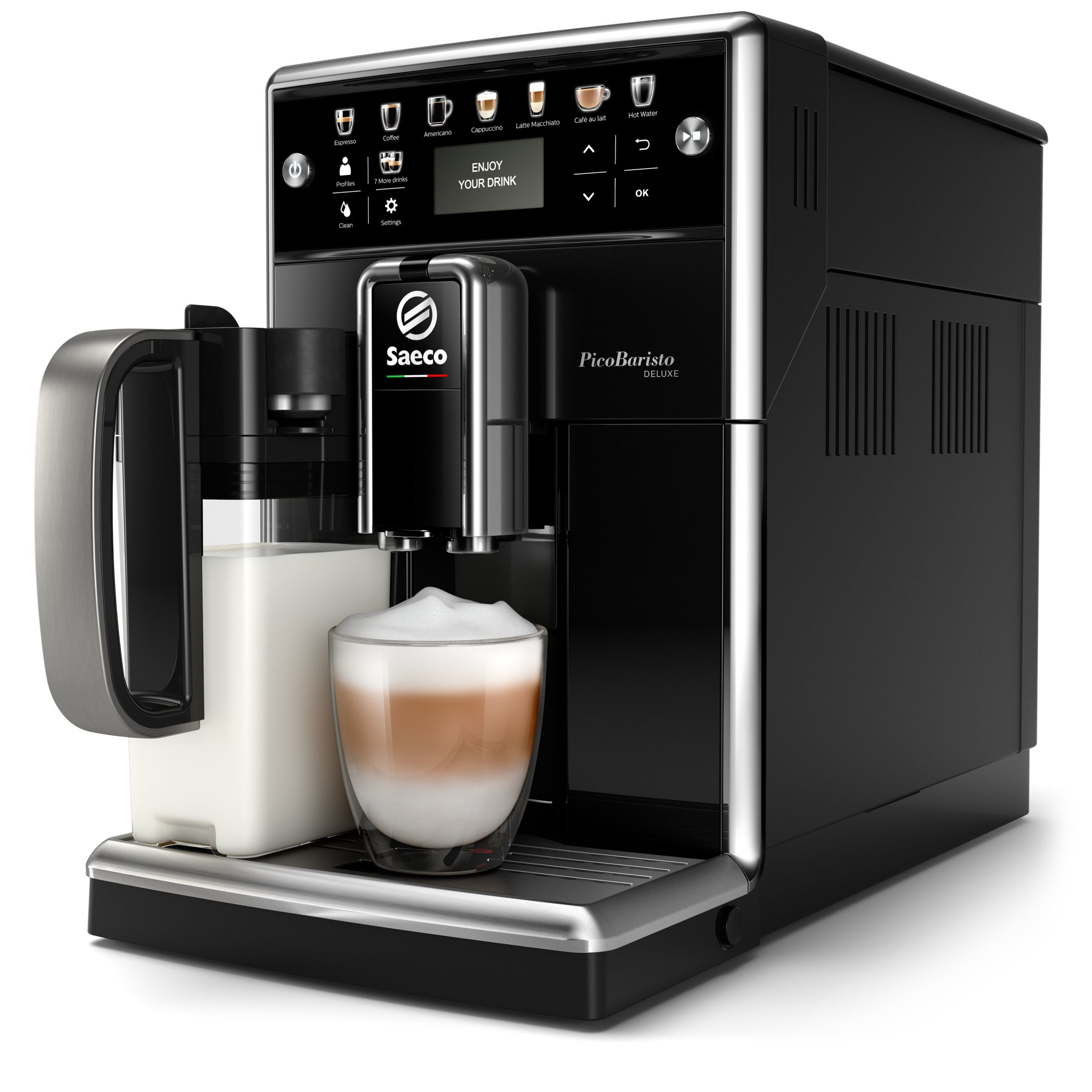 SAECO Kaffeevollautomat PicoBaristo Deluxe SM5570/10, klavierlack-schwarz Kaffeevollautomat (Klavierlack/Schwarz, Keramikmahlwerk, 15 bar, integrierter Milchbehälter)