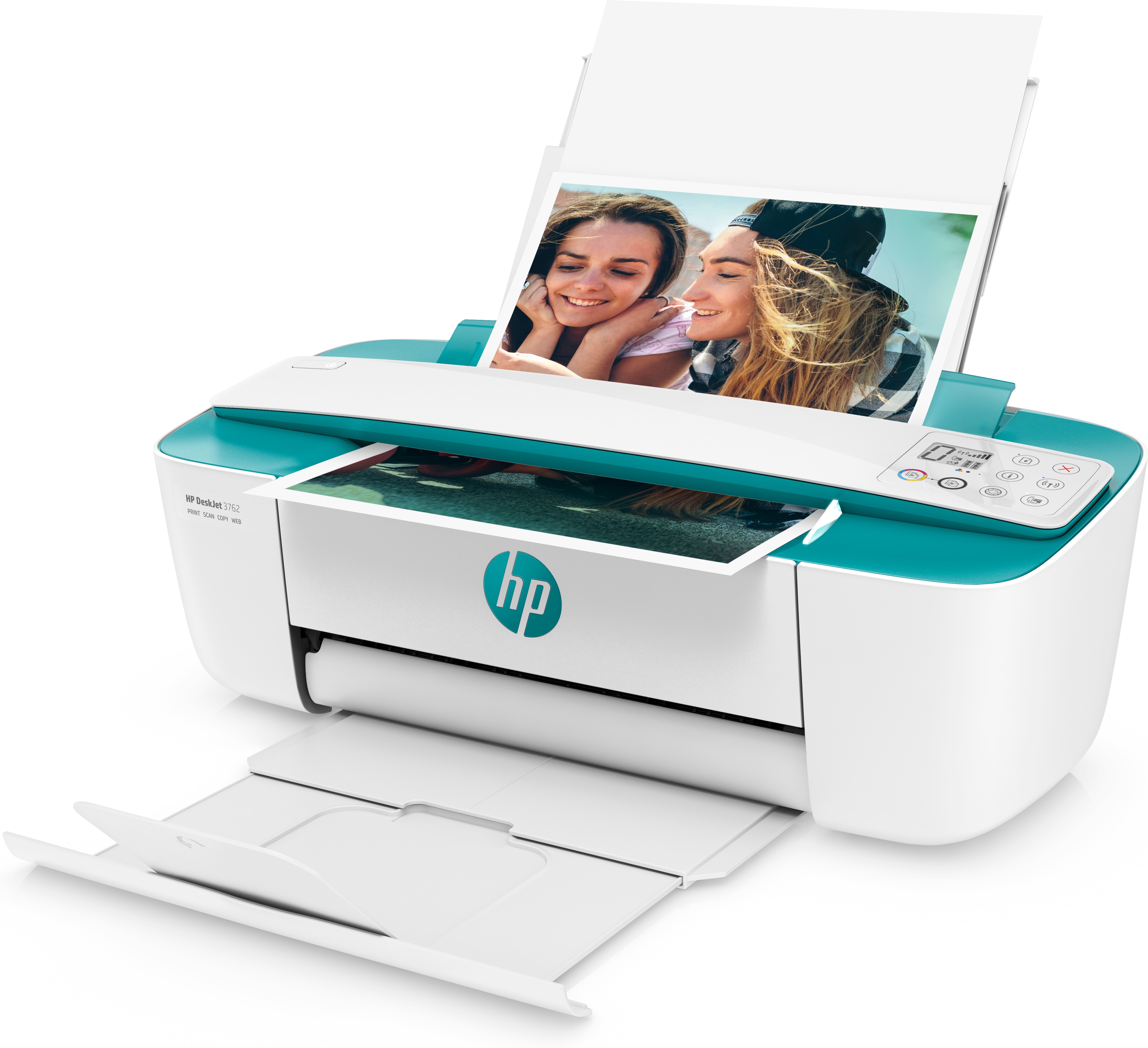 Ein weißer und türkisfarbener HP-Drucker, der Fotos von zwei Frauen druckt.