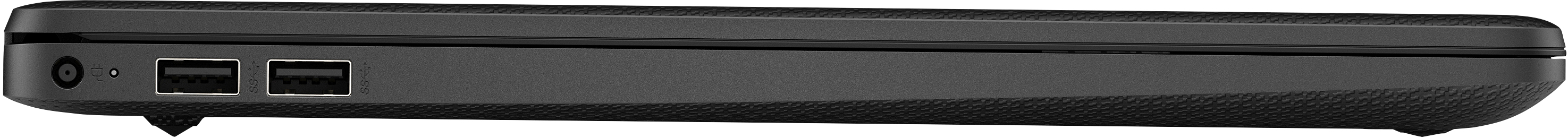 Seitenprofil eines schwarzen Laptops, der Anschlüsse und die Unterkante zeigt. Der Laptop steht auf einer Oberfläche.
