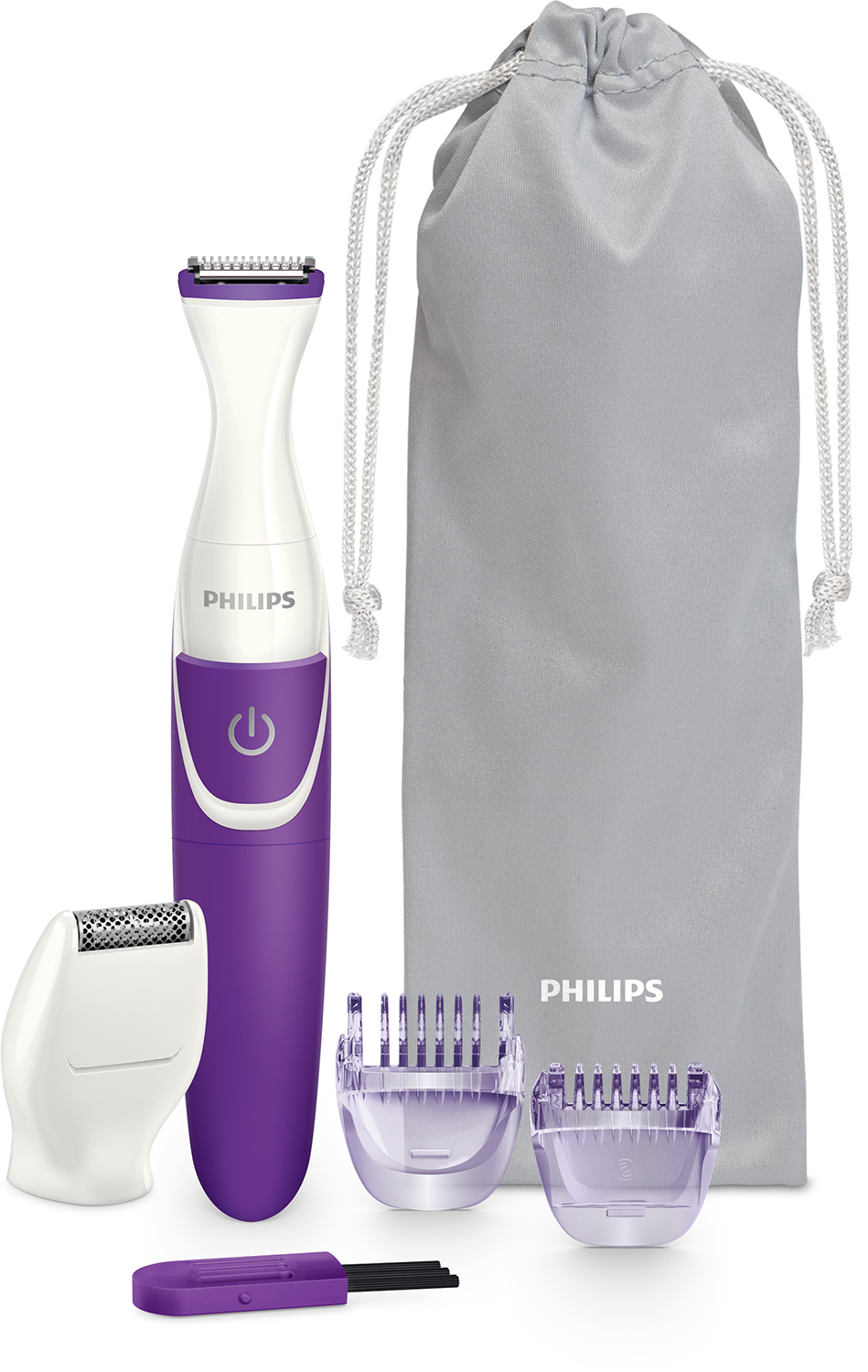 Purple and white Philips epilator with accessories and a grey bag.
