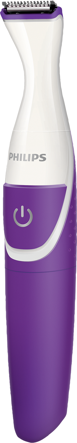 A Philips women's shaver. It has a white upper body and a purple lower body. The power button is visible.