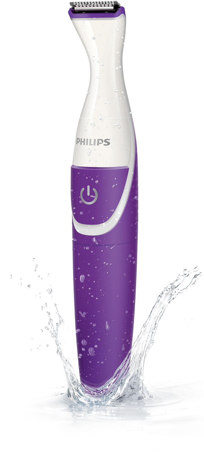 A purple and white electric shaver with water splashes. The shaver is in action.