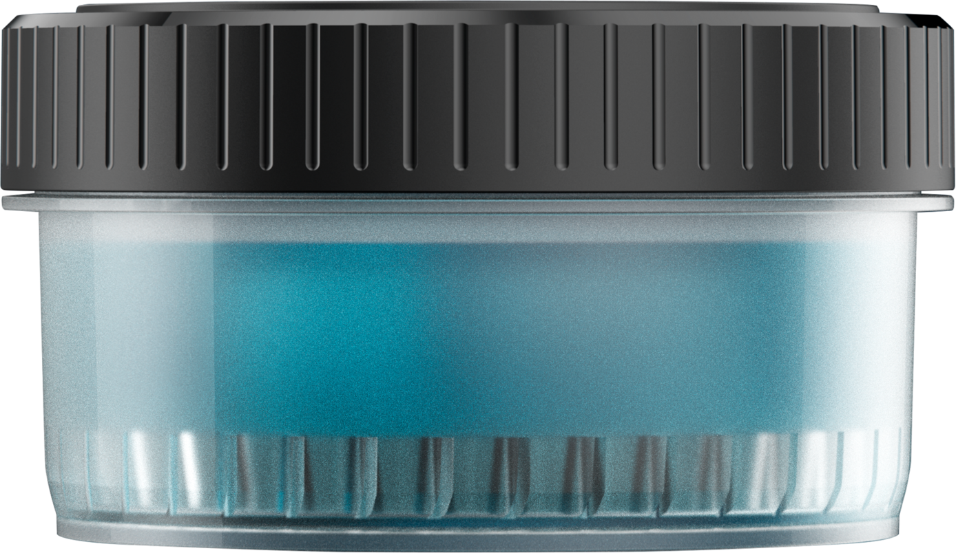 A clear, cylindrical container with a black lid, filled with blue liquid.