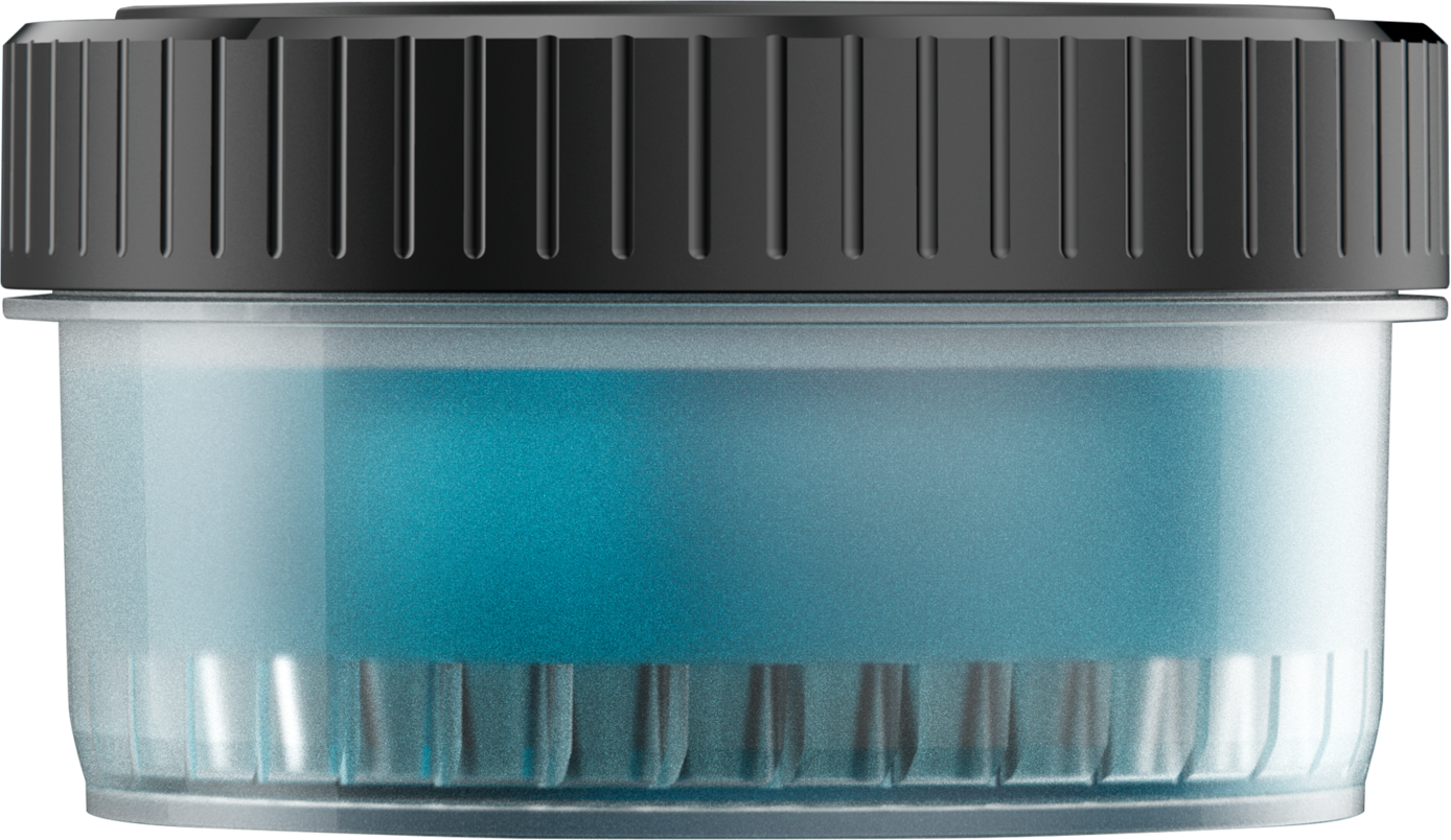 A transparent plastic container with a black lid, filled with a blue liquid.