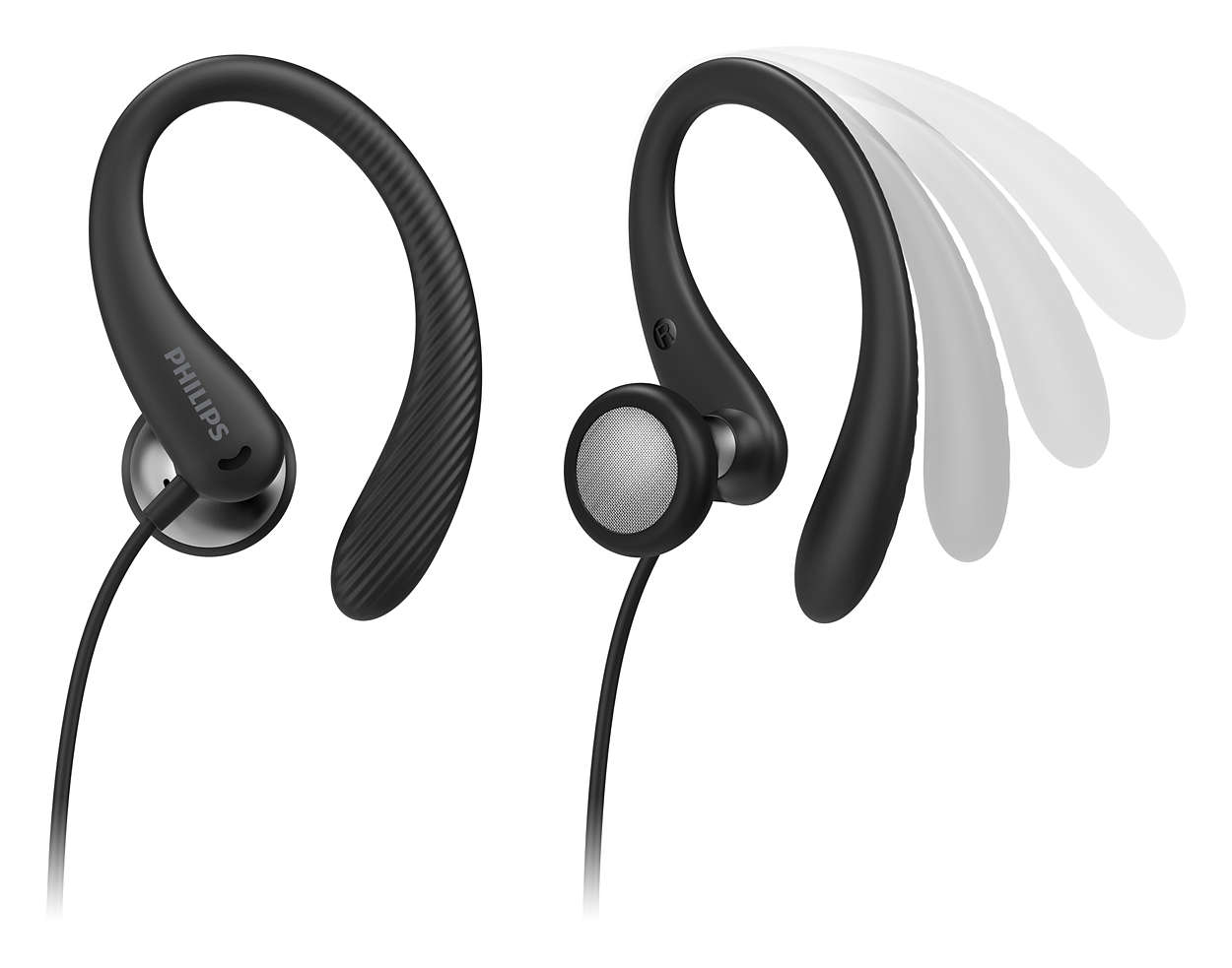 Zwei schwarze und silberne Philips Sportkopfhörer.