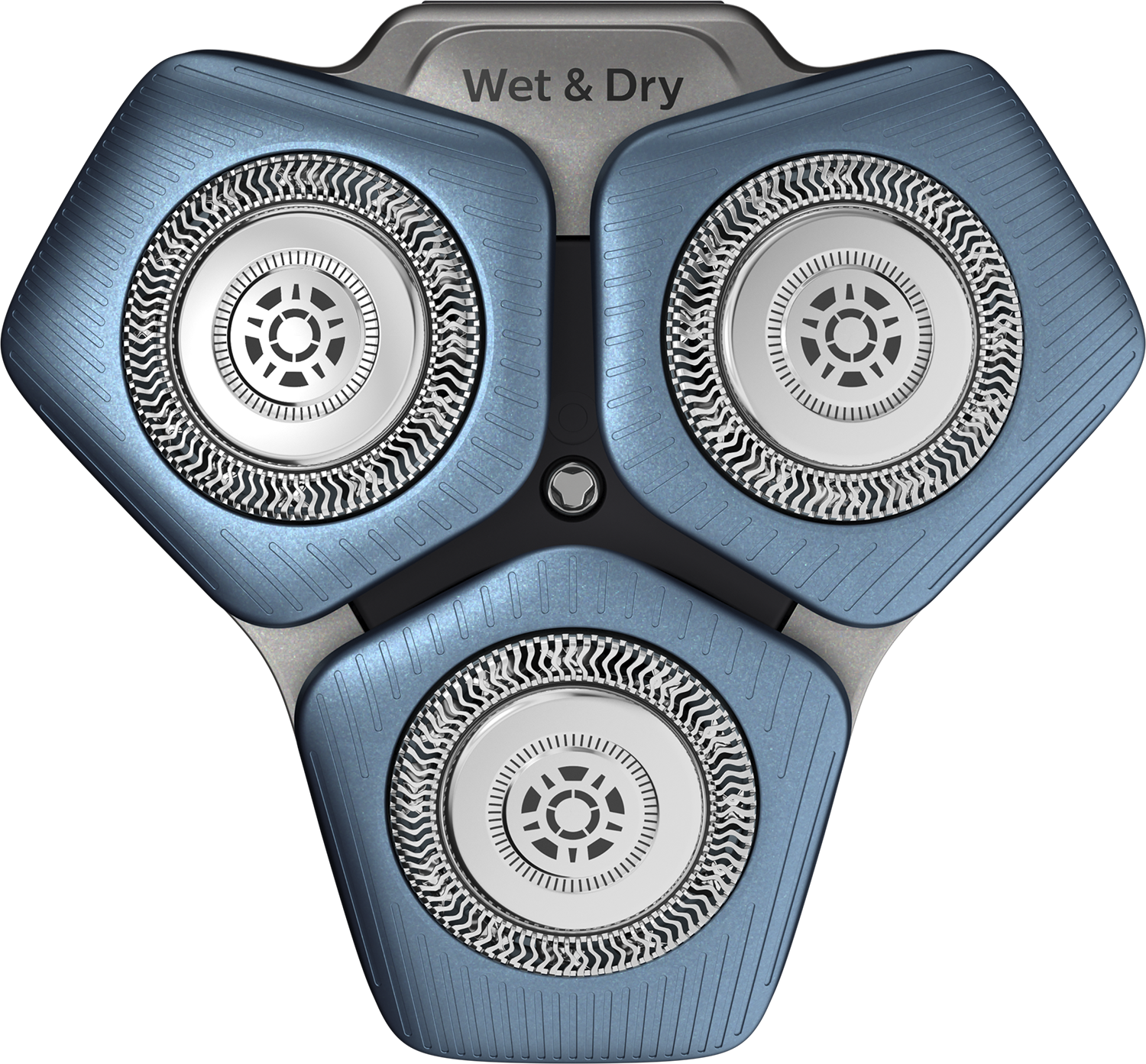 Close-up of a blue and silver electric shaver head with three circular shaving elements.