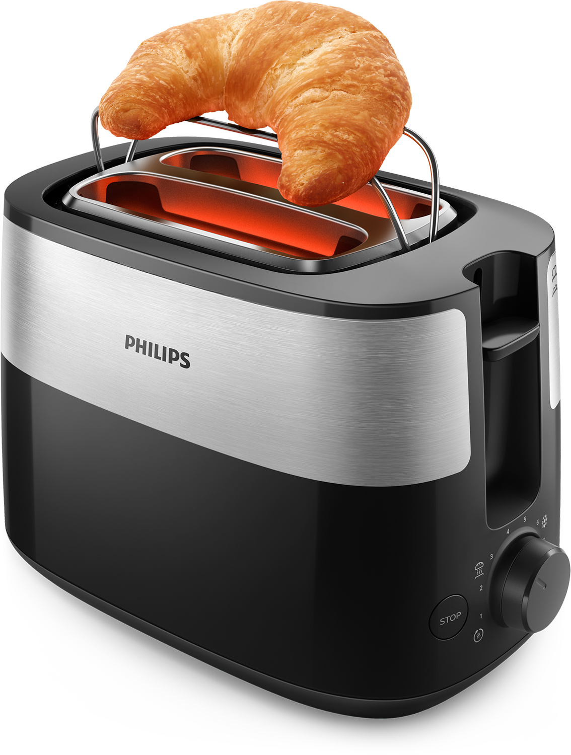 Een croissant ligt op een broodrooster. De broodrooster is zwart en zilver, met de merknaam "Philips". De broodrooster staat op een witte achtergrond.