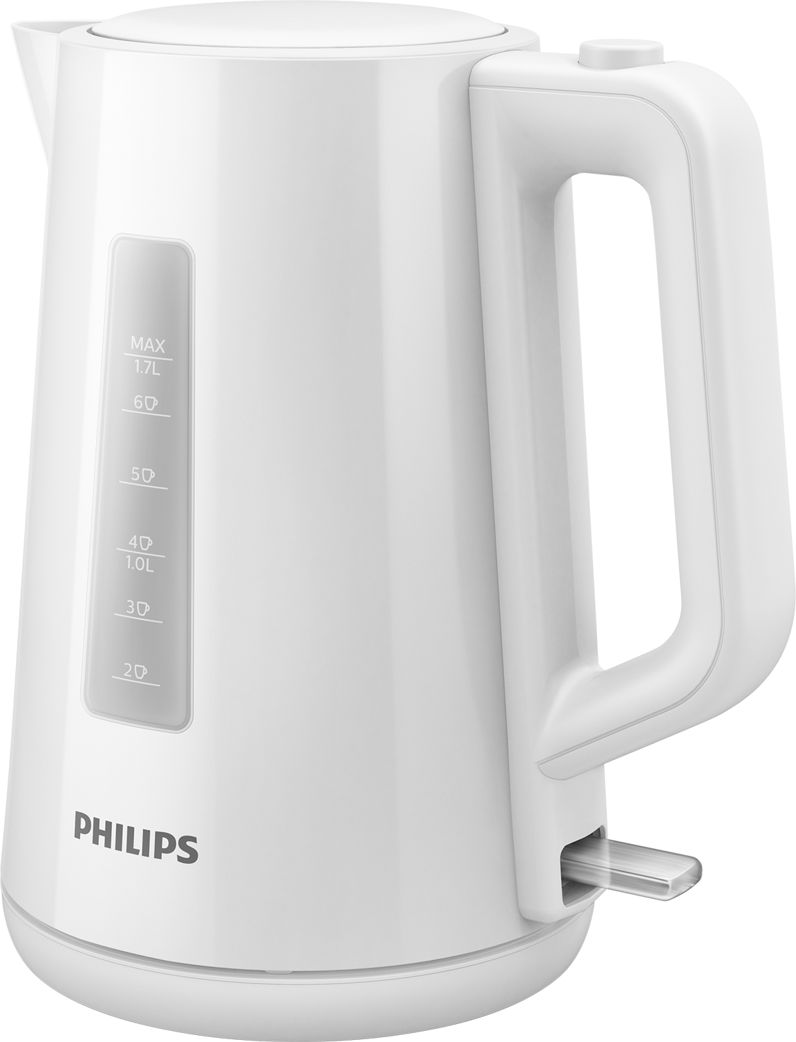 White Philips electric kettle with a handle, water level indicator and the brand name written on it.