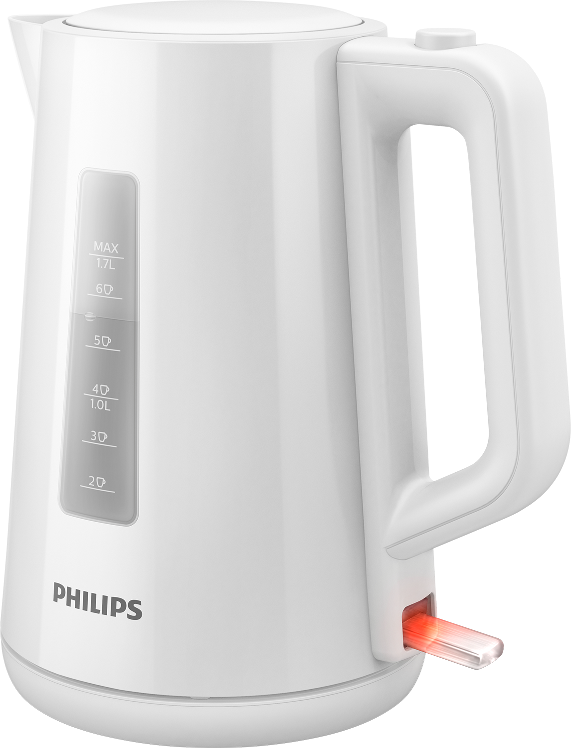 White electric kettle with red light on white.