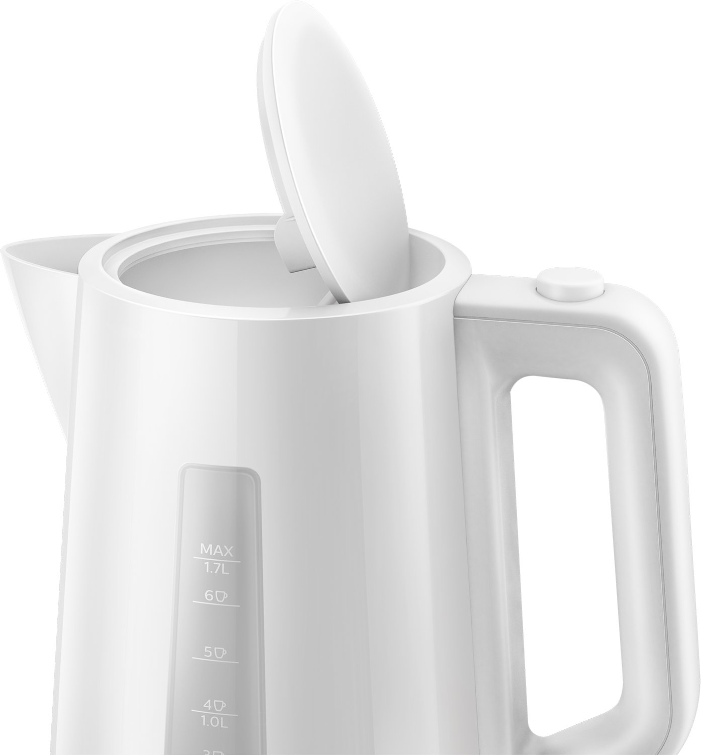 Close-up of a white electric kettle with the lid open. It has a handle and a water level indicator.