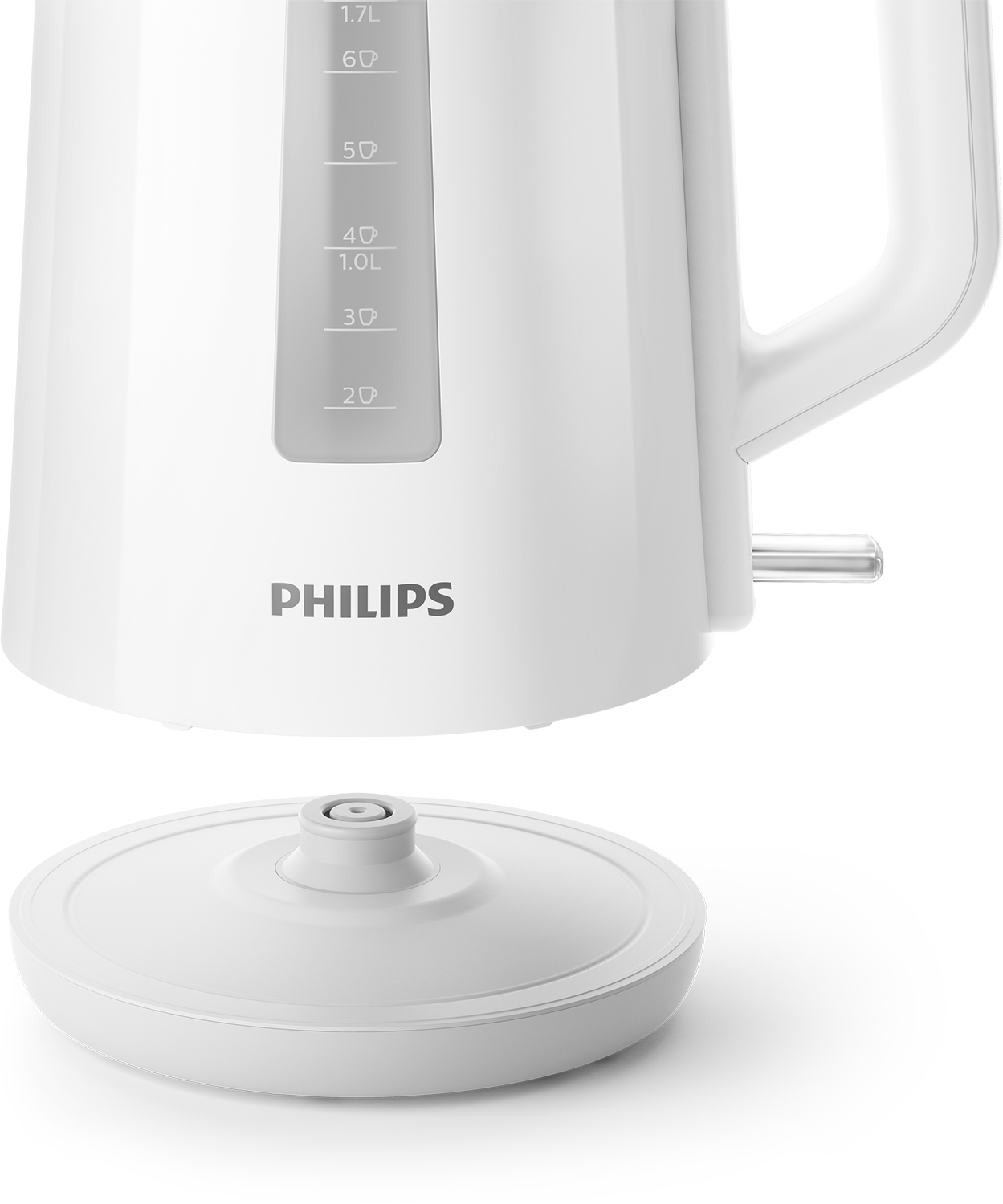 A white electric kettle's body with a water level indicator. The base of the kettle is next to it.