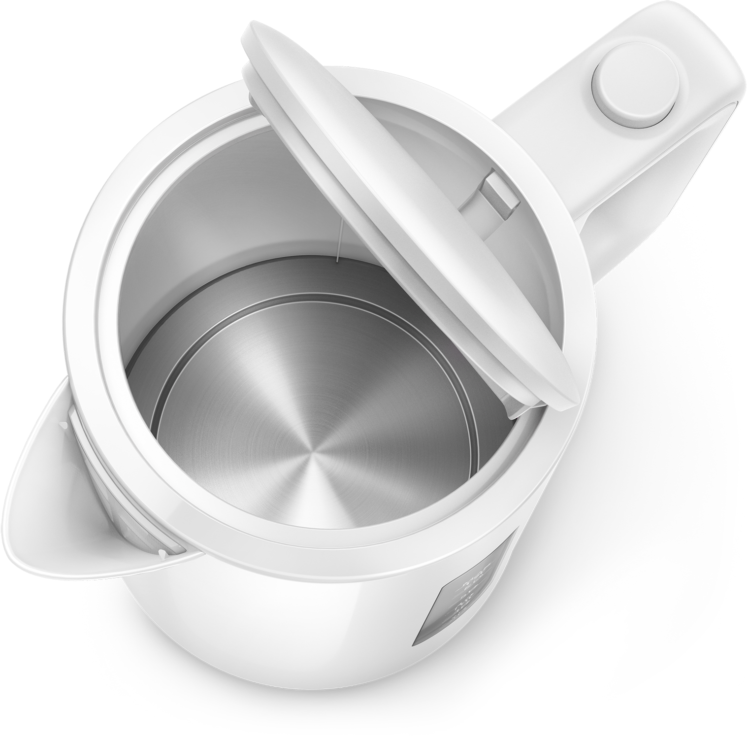 White electric kettle with open lid. Inside is metallic. On a black and white background.