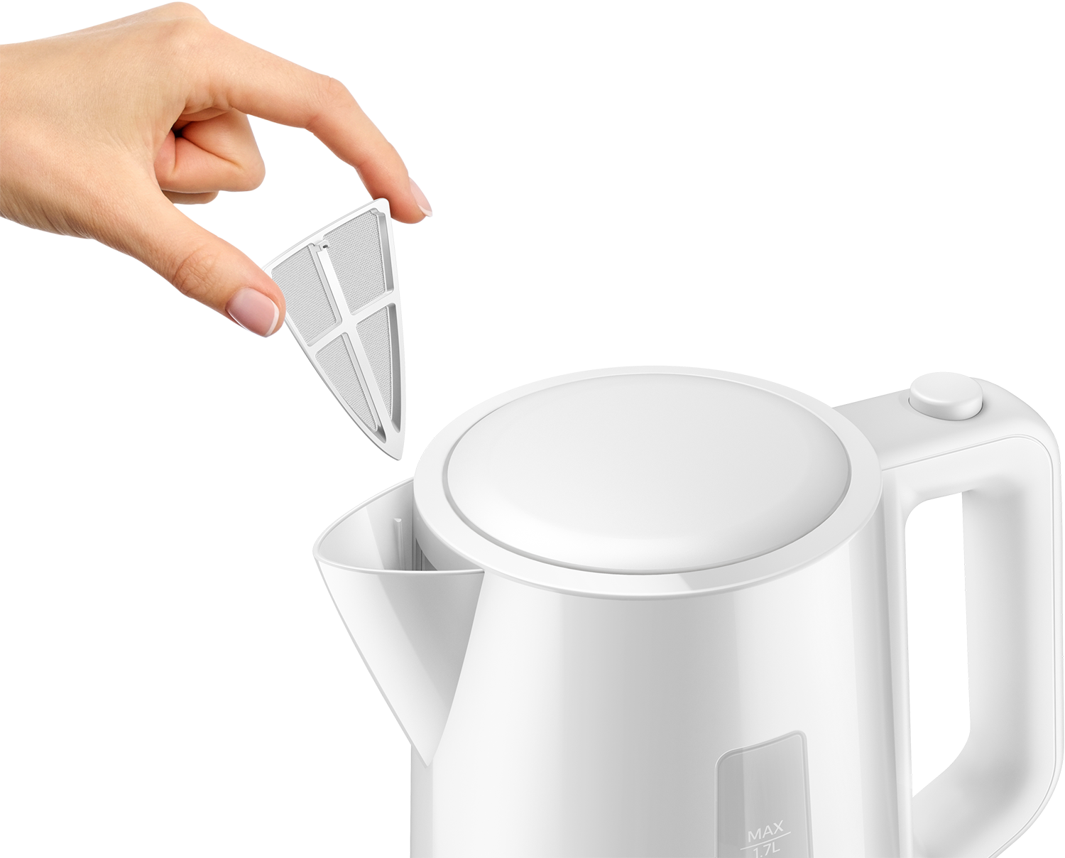 A hand is removing a filter from a white electric kettle.