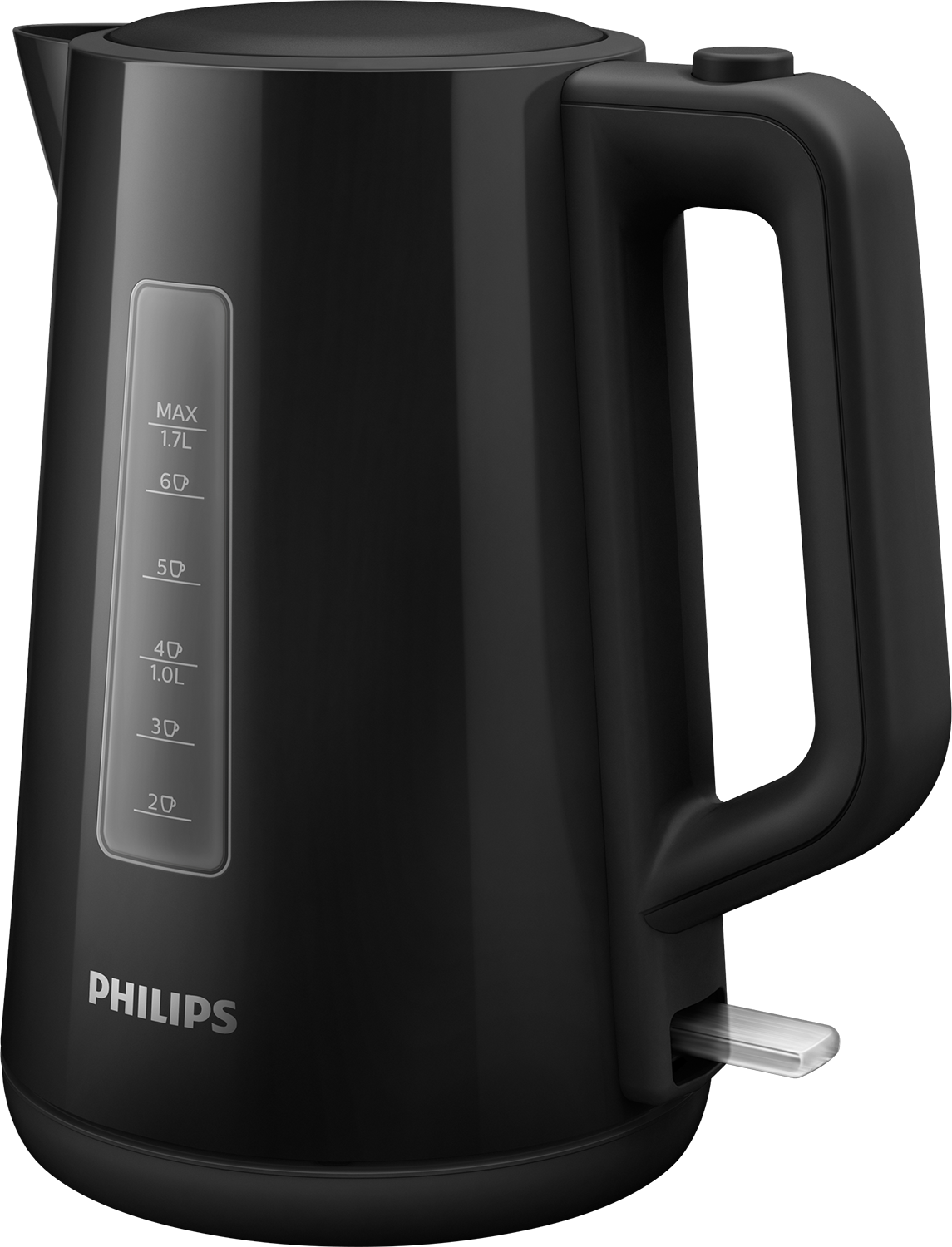 Zwarte waterkoker met waterniveau-indicator en handvat, merk Philips.