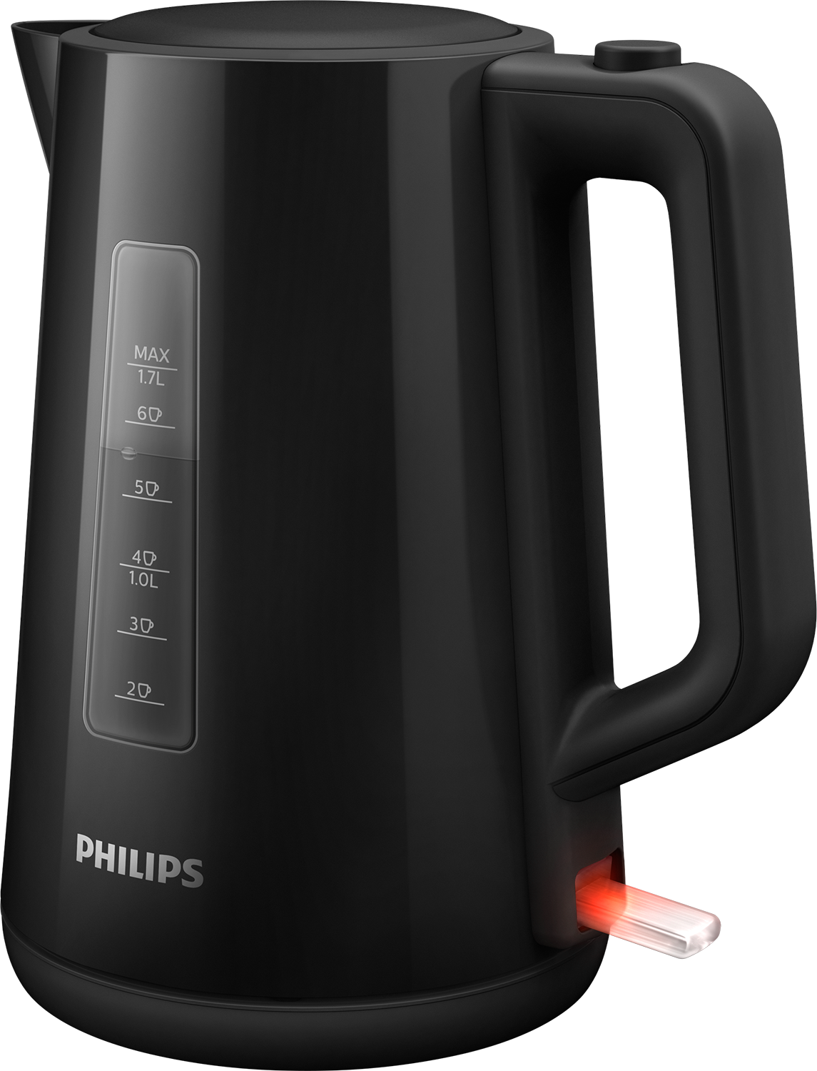 Zwarte elektrische waterkoker met waterniveau-indicator en rood licht op de voet.