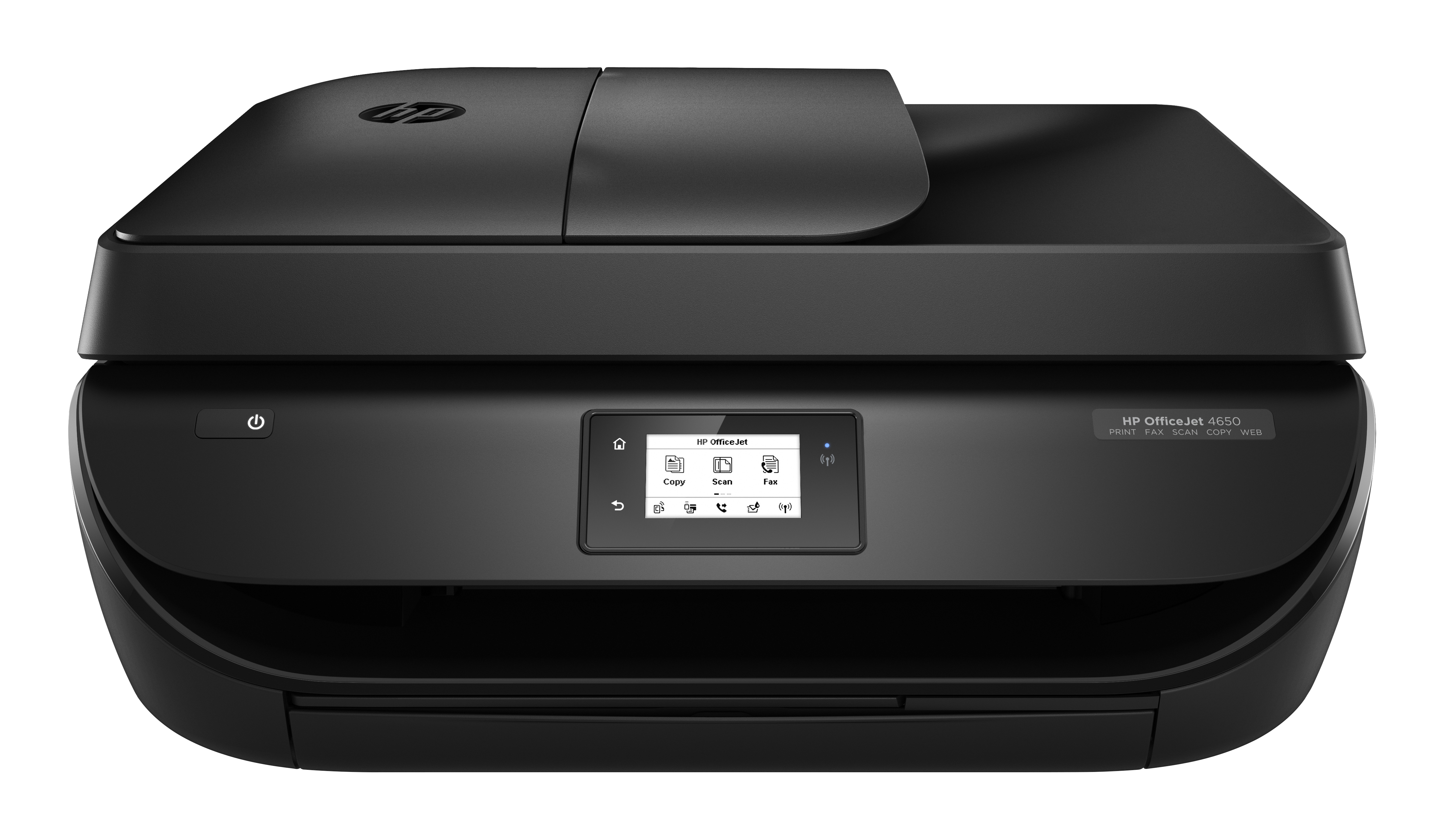 Schwarzer HP OfficeJet 4650 Drucker, Vorderansicht, mit Bildschirm und Papierfach.