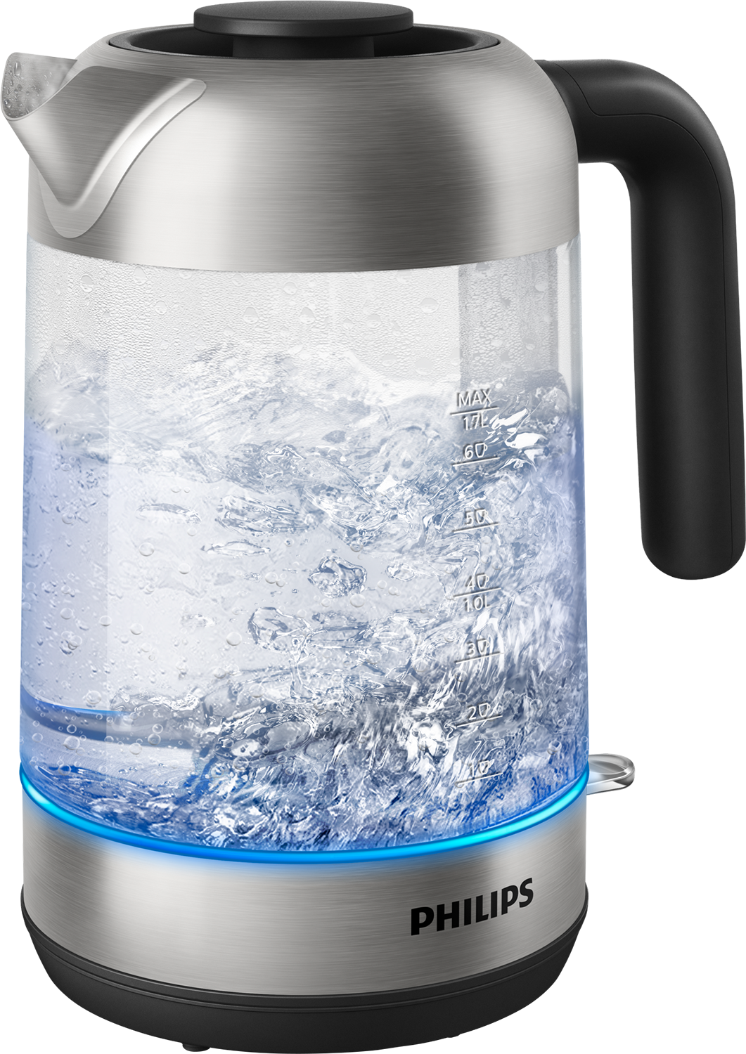 A silver and glass electric kettle with boiling water and a blue base light.