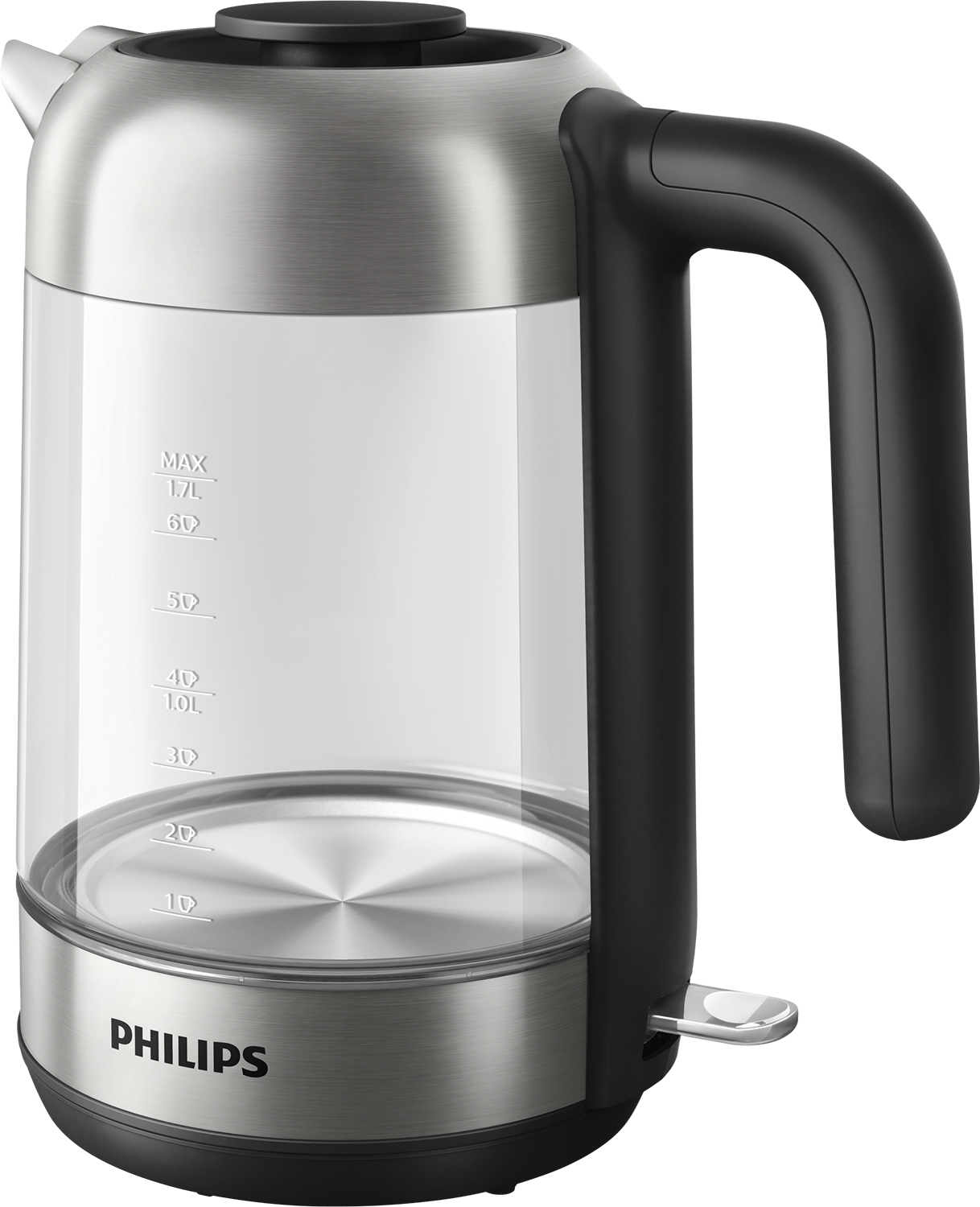 Silver and glass electric kettle with black handle. Clear water level markings. Isolated on white.
