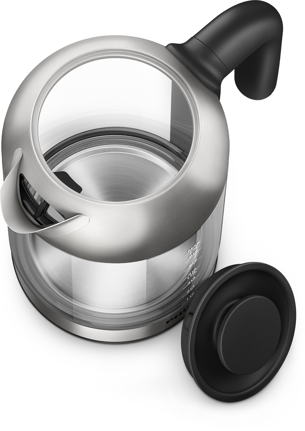 A clear glass electric kettle with the lid open, showing the inside.