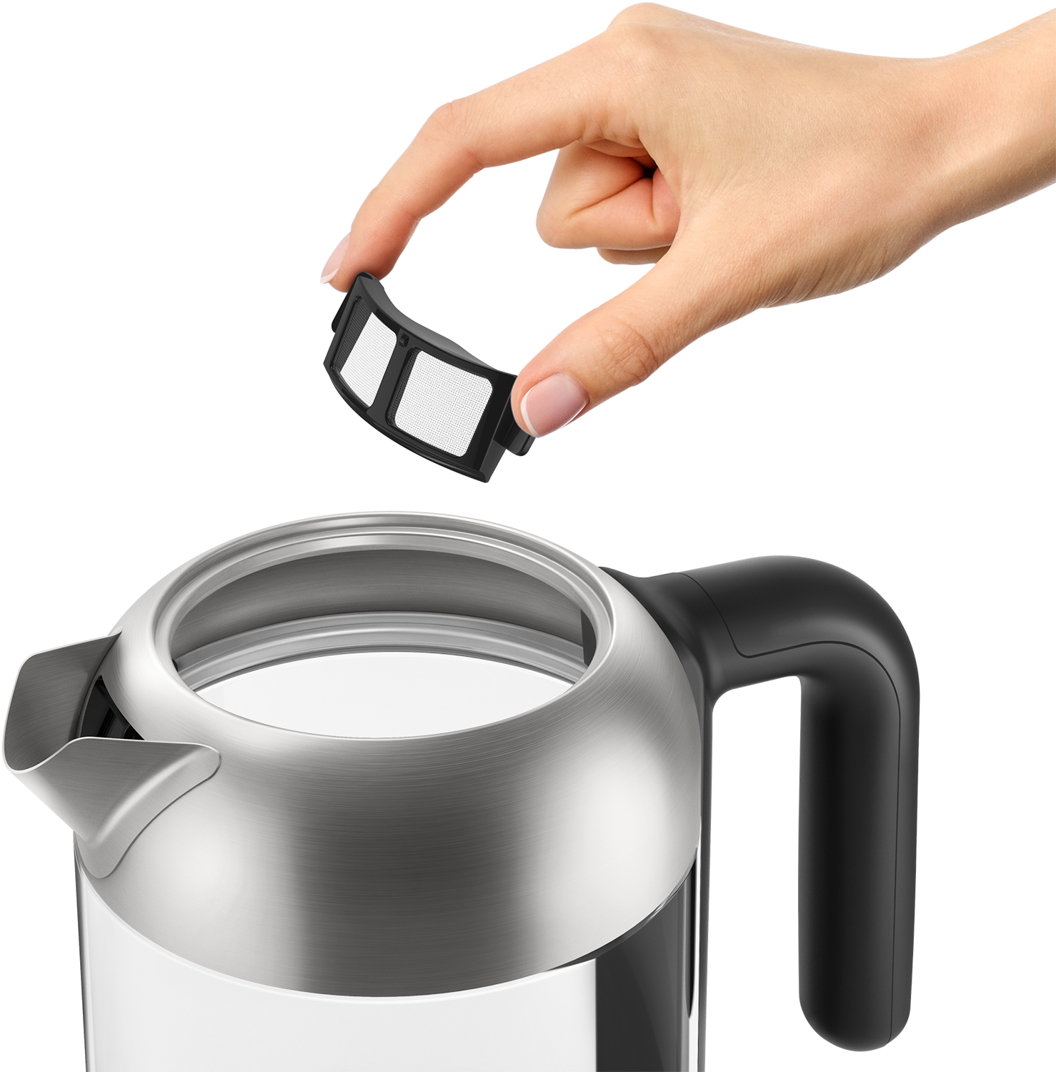 Hand removing a filter from a kettle. Stainless steel kettle with a black handle. Black background.
