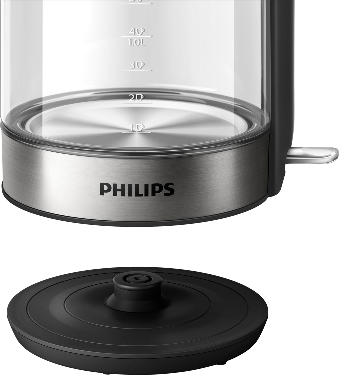 A Philips electric kettle with a clear glass body and a steel base.