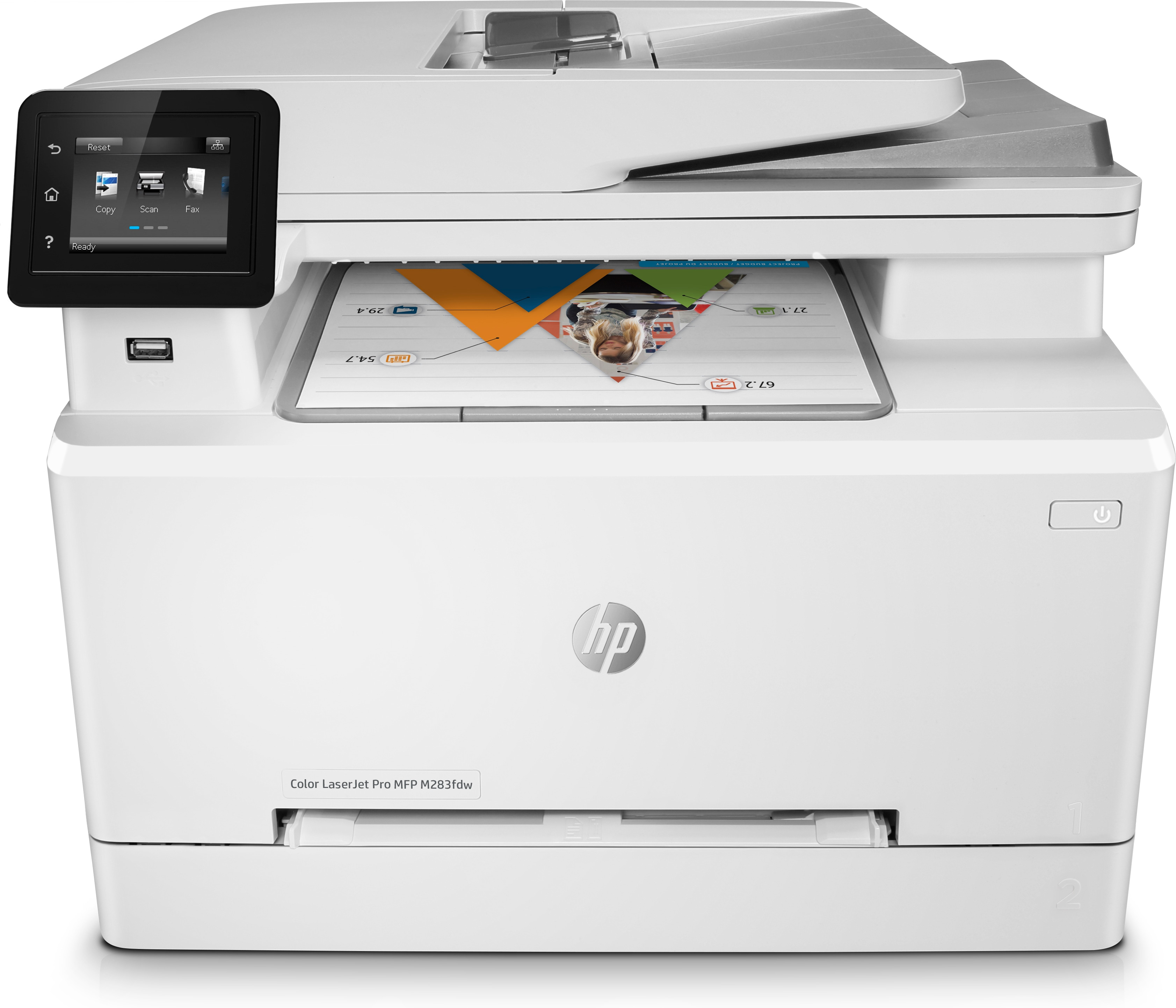 Weißer HP Farblaserdrucker mit schwarzem Bedienfeld.