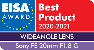 EISA Award Best Product 2020-2021. Text: Wideangle Lens, Sony FE 20mm F1.8 G.