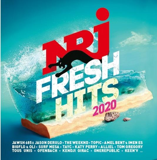 Couverture d'album avec le texte 'NRJ Fresh Hits 2020', de l'eau et du sable, et une panthère noire.