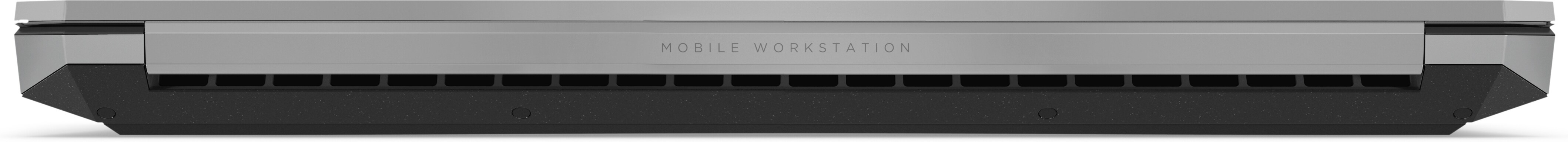 Unteransicht eines Laptops mit Lüftungsschlitzen und dem Wort 'MOBILE WORKSTATION' auf einer Metallplatte.