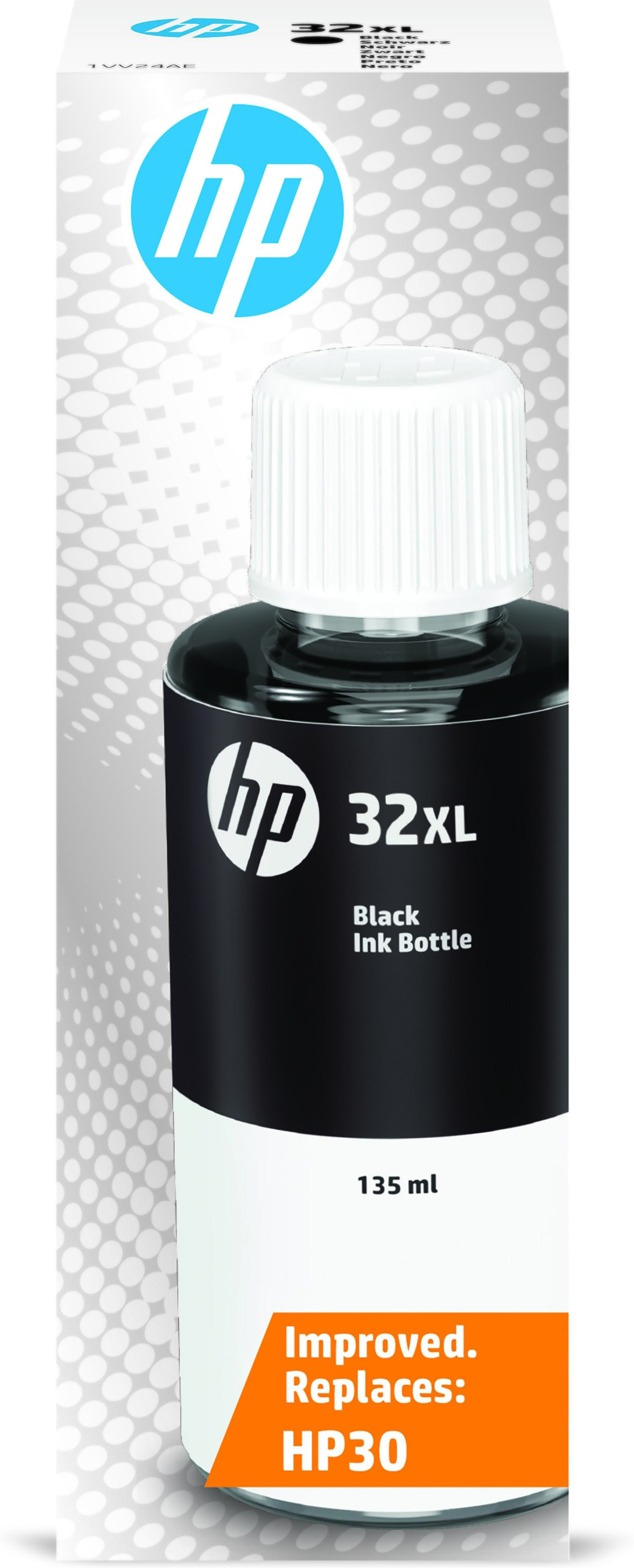 Schwarze Tintenflasche mit weißem Deckel und Etikett.