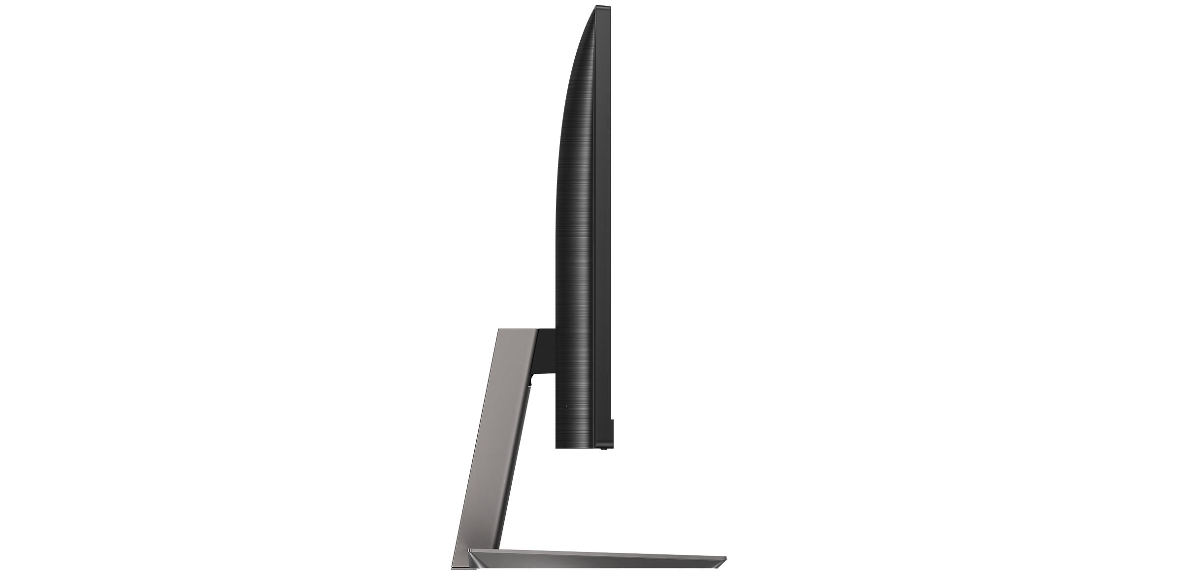 Seitenansicht eines schwarzen Computermonitors auf einem hellgrauen Ständer.