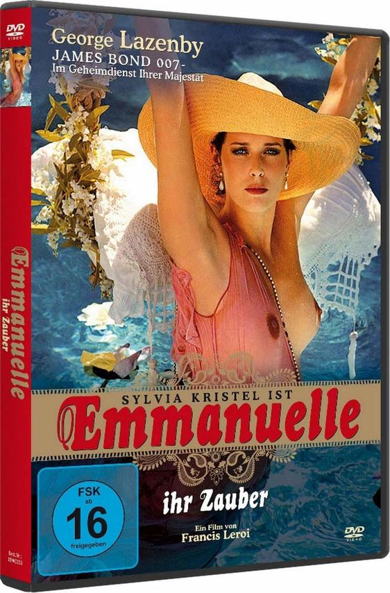 Emmanuelle DVD-Cover. Frau mit Hut und Kleid am Wasser. Deutscher Text.