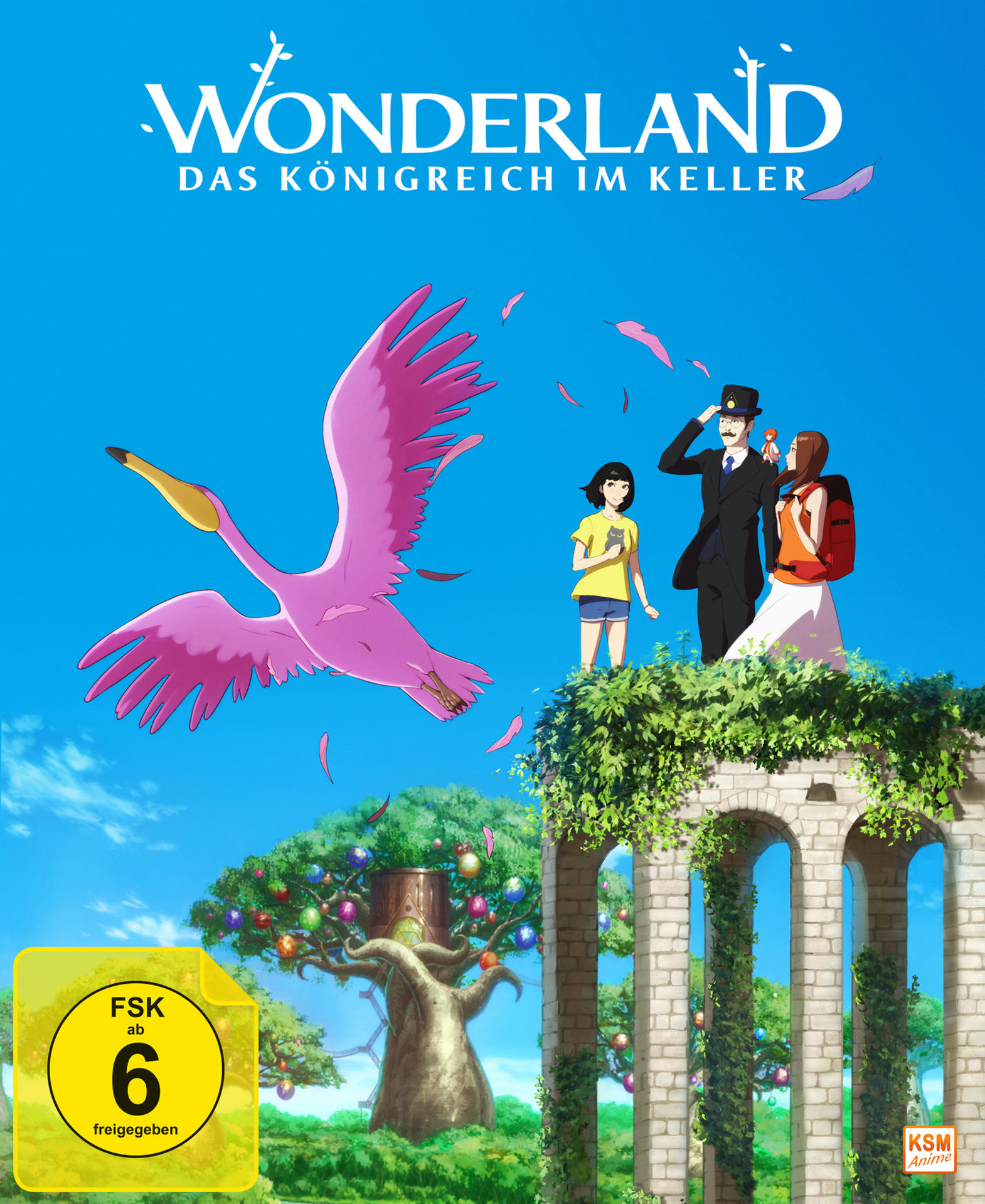 Anime-Filmplakat mit Charakteren und einem rosa Flamingo am blauen Himmel.