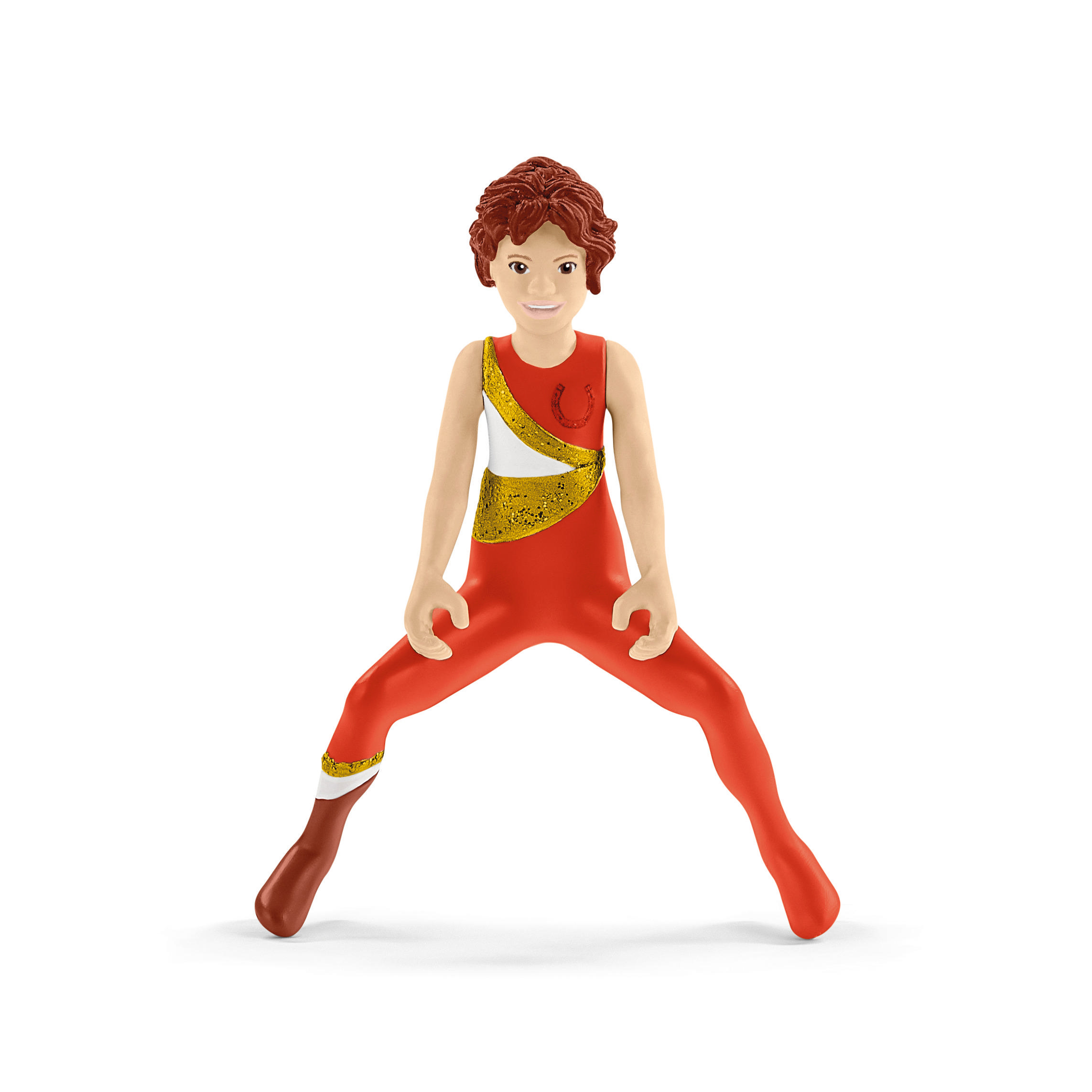 Eine Gymnastikfigur in einem rot-goldenen Trikot mit gespreizten Armen und Beinen.