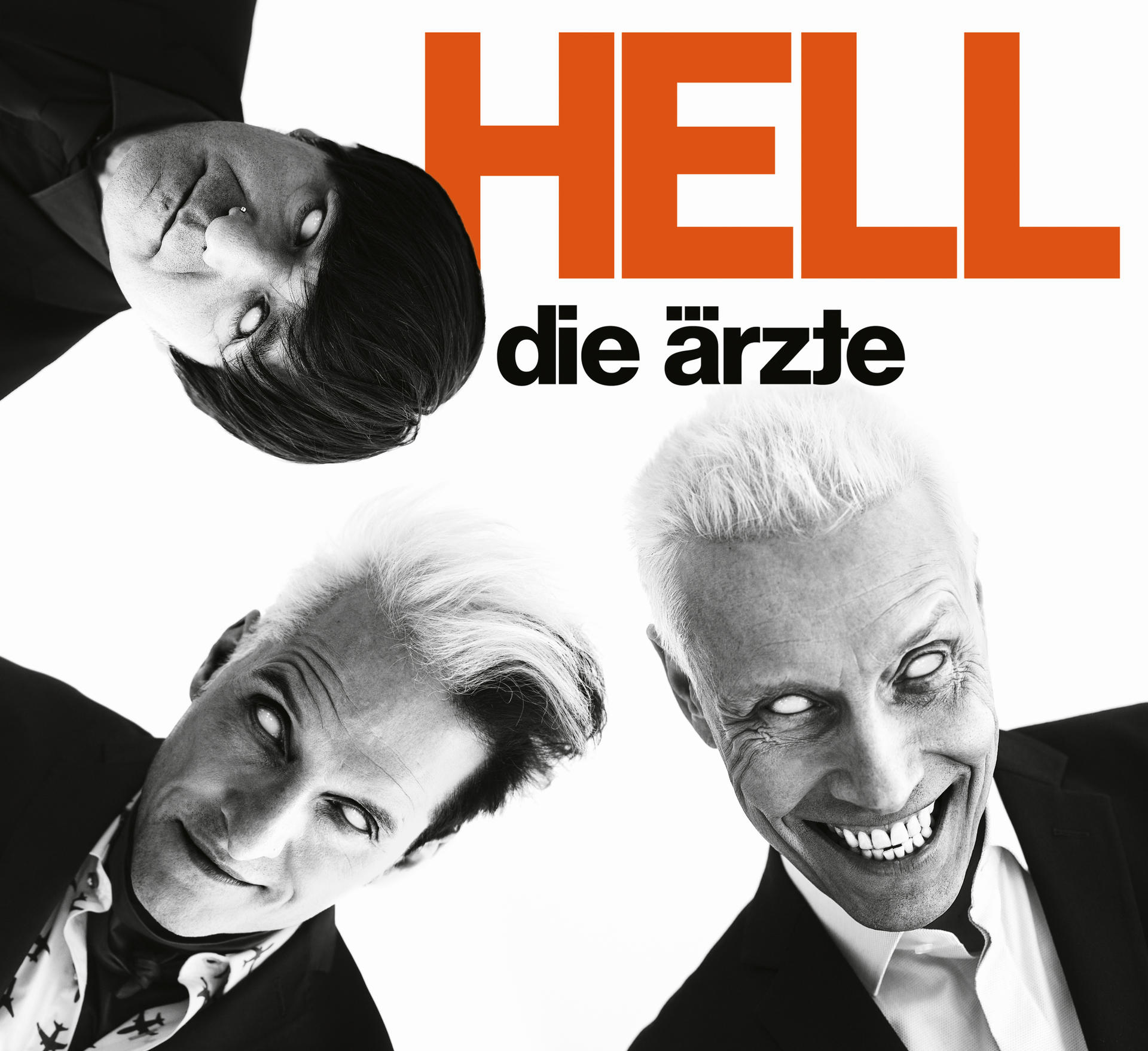 Albumcover mit drei Personen mit weißen Augen und dem Titel 'HELL'. Die Band ist Die Ärzte.