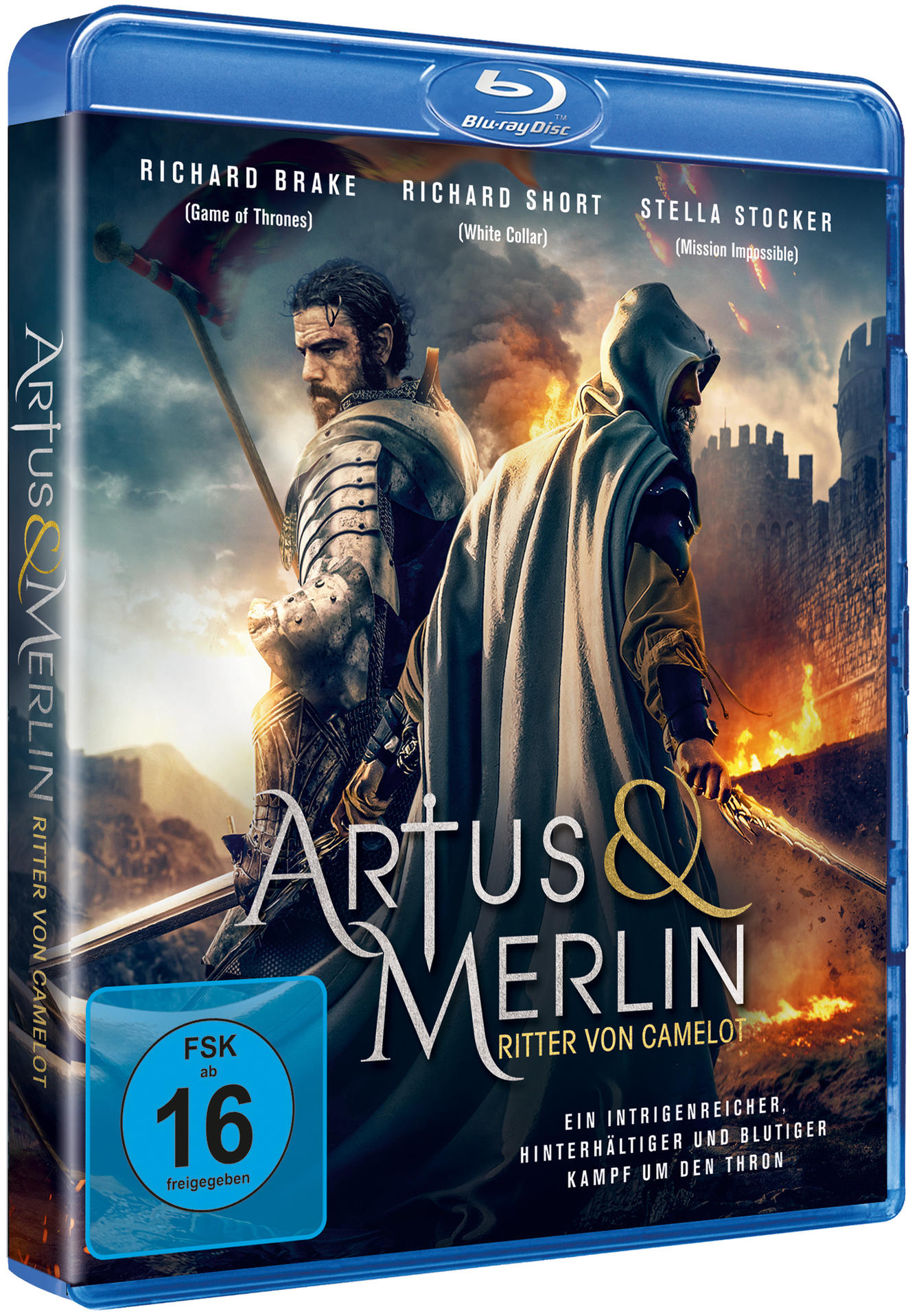 Artus & Merlin Blu-ray. Zwei Männer in Rüstung auf dem Cover. Schwert und Burg dargestellt.