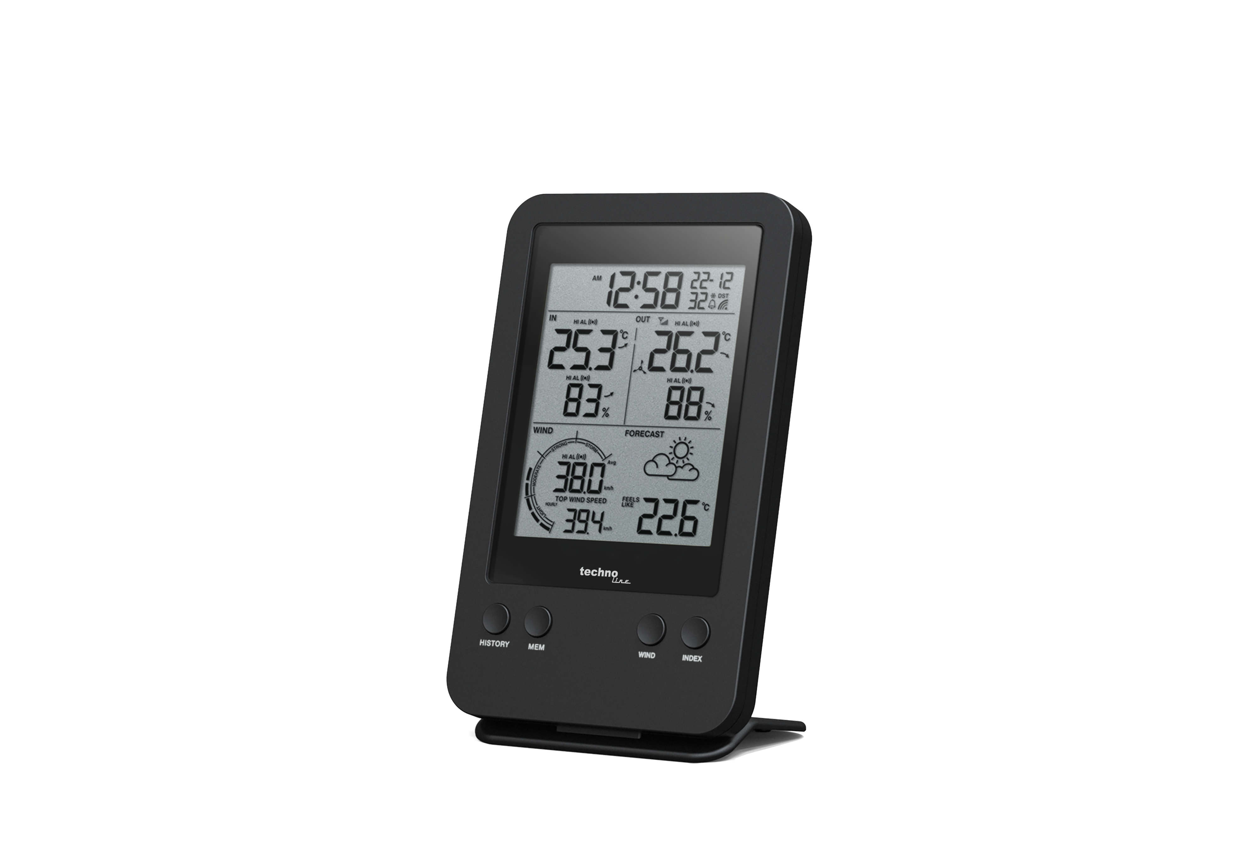 Schwarze digitale Wetterstation mit Temperatur- und Vorhersagedaten.