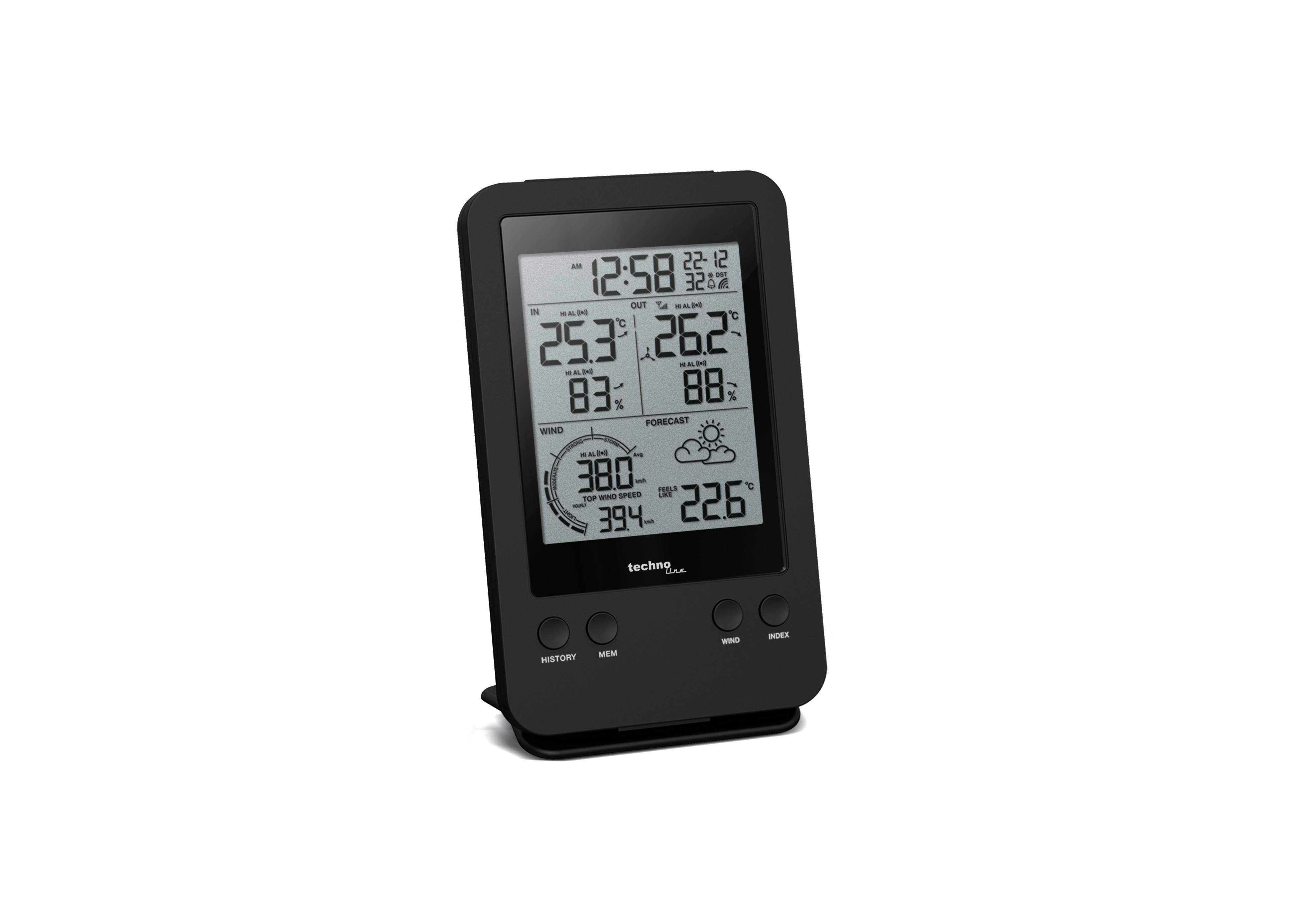 Eine schwarze digitale Wetterstation mit Temperatur, Luftfeuchtigkeit, Windgeschwindigkeit und Prognose.
