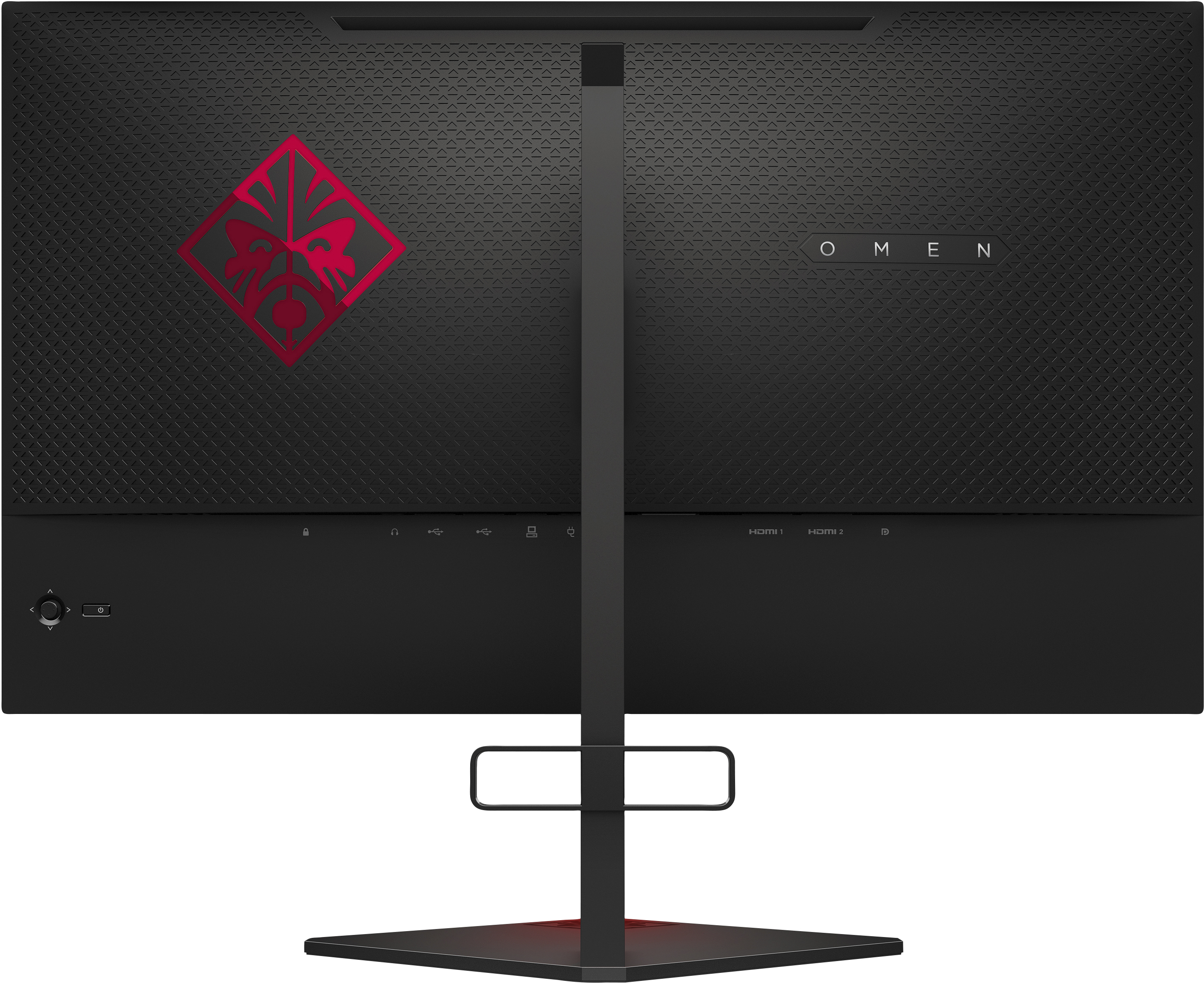 Arrière-plan noir du moniteur OMEN. Logo rouge, texte blanc, ports en bas. Support noir avec accent rouge.
