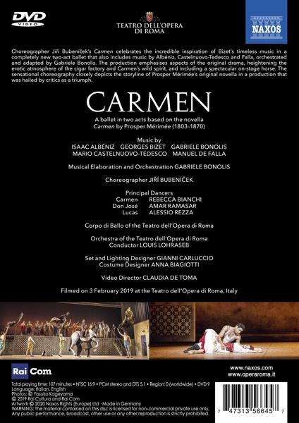 Die Rückseite einer DVD-Hülle für das Ballett 'Carmen' mit Text und Bildern.
